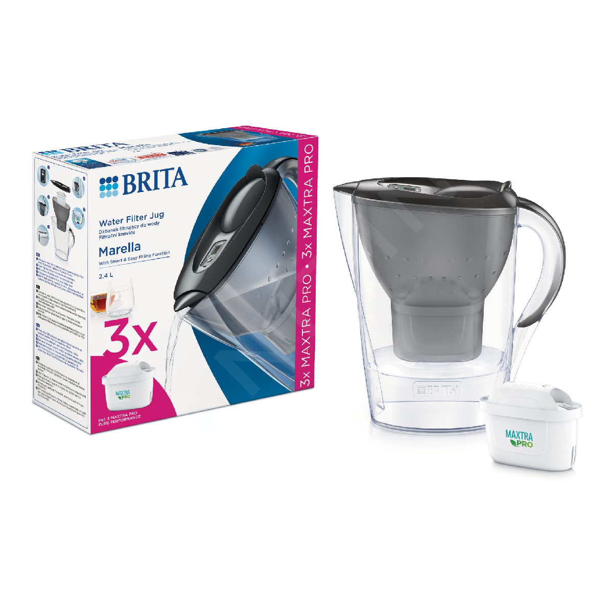 Wyświetlana jest dzbanek filtrujący do wody Brita i pudełko. Dzbanek jest przezroczysty z szarym filtrem.