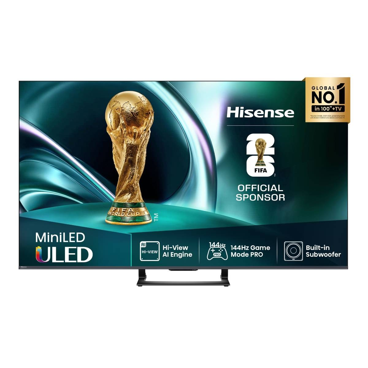 Telewizor Hisense MiniLED ULED z logo FIFA World Cup, złotym trofeum i szczegółami sponsora. Zawiera AI, 144Hz i subwoofer.