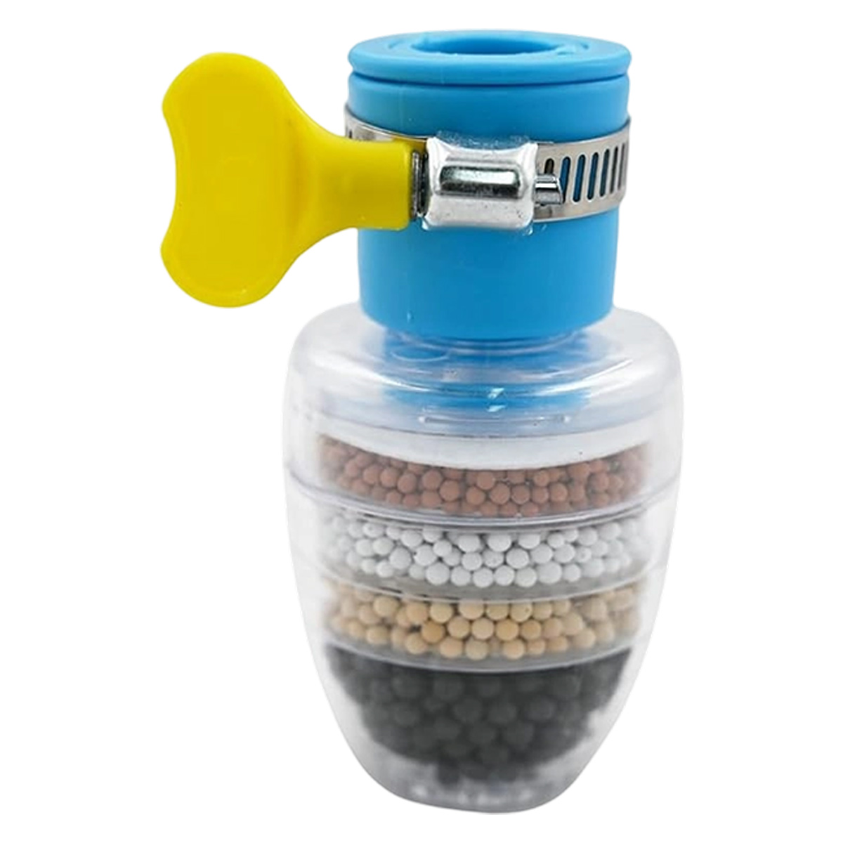 Ein Wasserfilter mit Schichten aus verschiedenen Materialien, blauem Deckel, gelbem Griff und silbernem Band. Der Boden ist transparent.