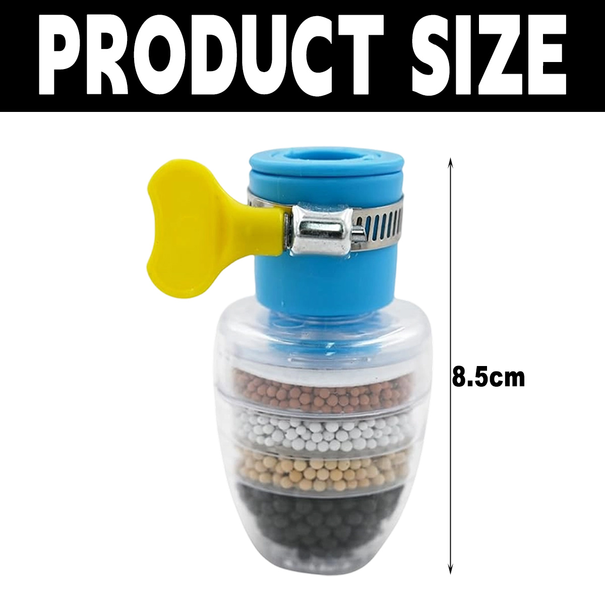 Ein Wasserfilter mit gelbem Griff, blauem Oberteil und einem transparenten Körper, der mit farbigen Filterlagen gefüllt ist. Markiert mit 8,5 cm.