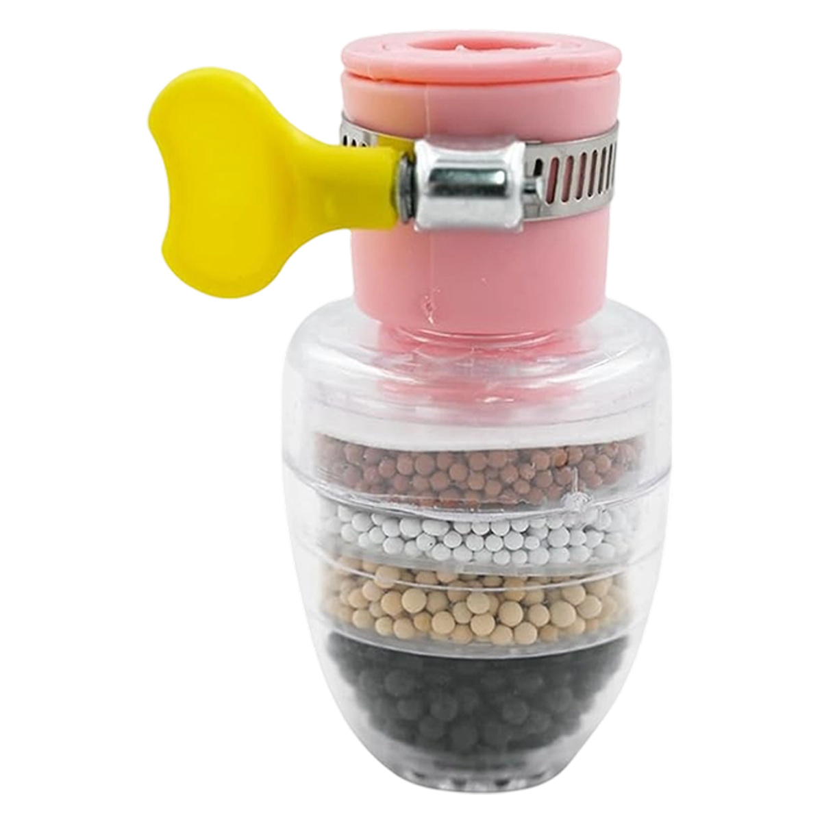 Wasserfilter. Rosa Oberteil mit gelbem Hebel. Metallklemme. Klarer Körper mit Schichten aus braunen, weißen, beigen und schwarzen Kügelchen.