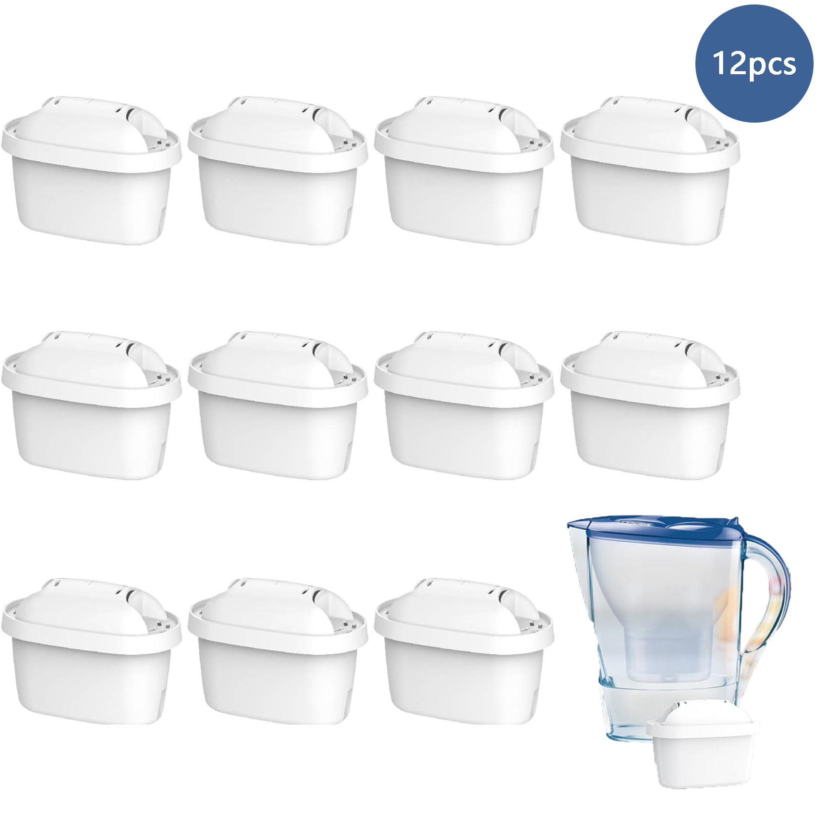 Zwölf weiße Wasserfilterkartuschen und ein Wasserfilterkrug. Blauer Kreis zeigt 12 Stück an.