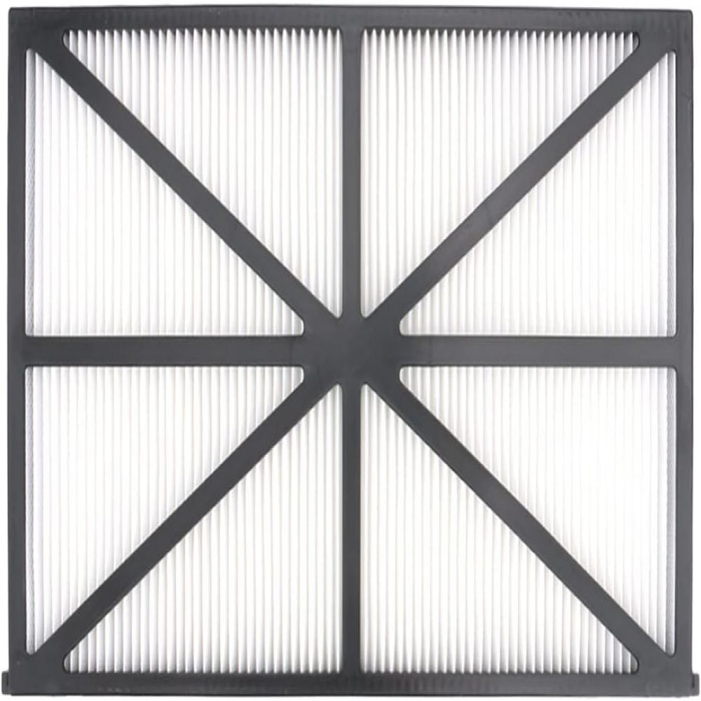 Ein rechteckiger Filter mit schwarzem Rahmen und weißem, plissiertem Filtermaterial im Inneren, das ein Gittermuster bildet.
