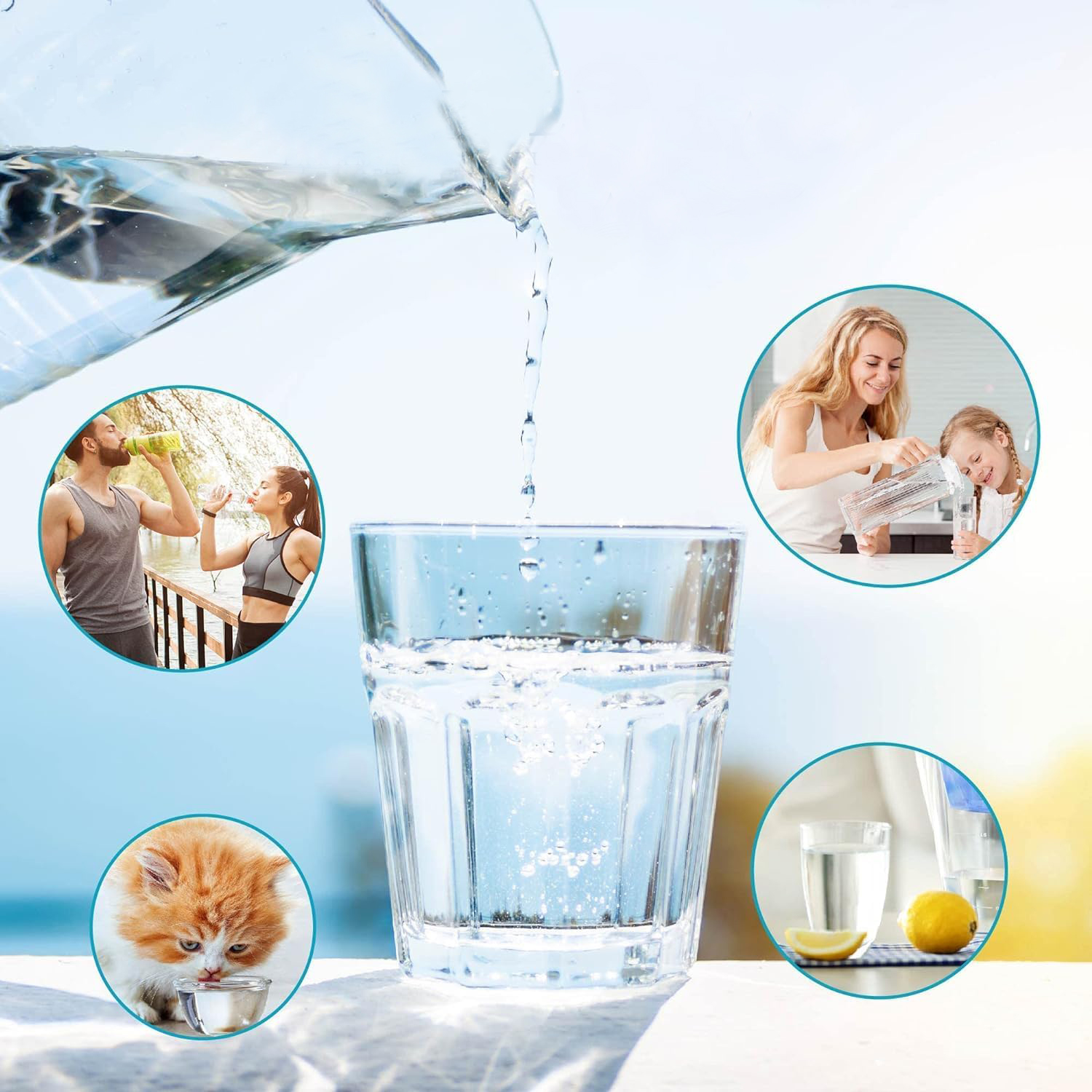 Wasser gießt in ein Glas. Menschen trinken Wasser, ein Kätzchen trinkt Wasser, und eine Zitrone mit einem Glas Wasser ist vorhanden.