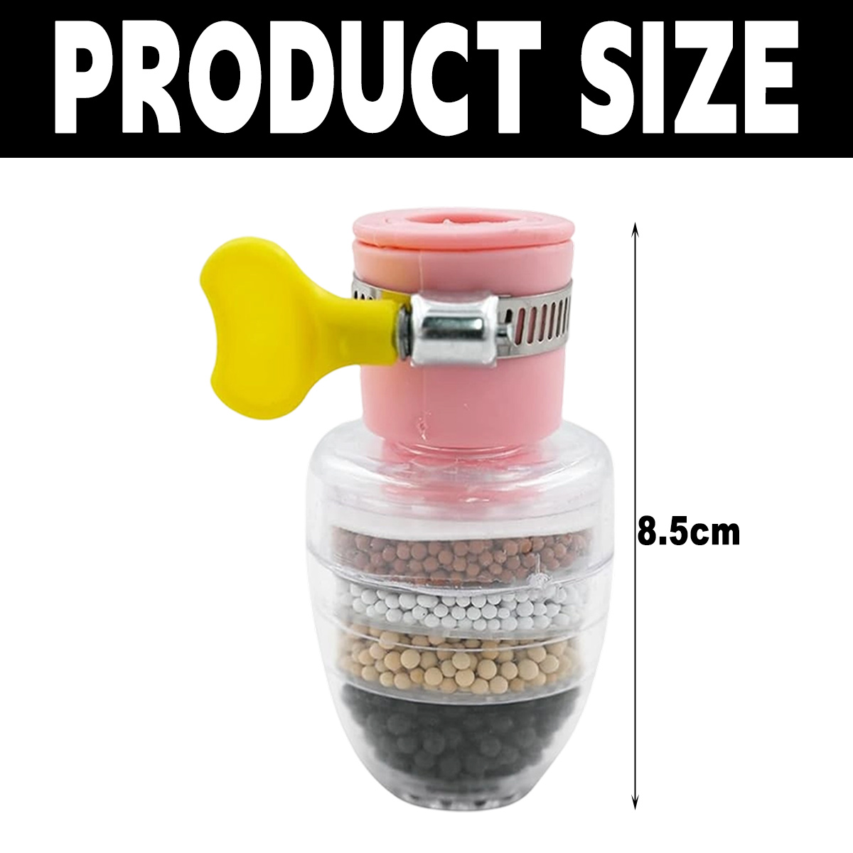 Ein Wasserfilter mit gelbem Griff, rosa Oberteil und transparentem Körper mit verschiedenen Filterschichten. Er ist 8,5 cm hoch.