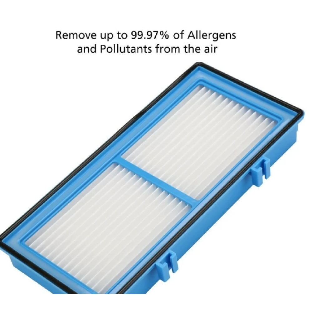 Ein blau-weißer Luftfilter. Er ist rechteckig und hat einen schwarzen Rahmen. Der Text oben besagt, dass er Allergene entfernt.