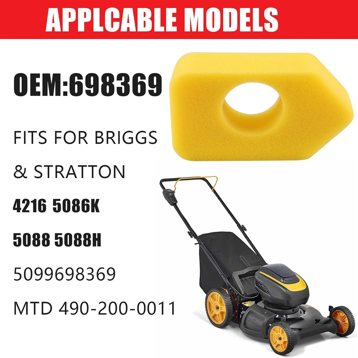 Das Bild zeigt einen Rasenmäher mit gelbem Luftfilter und Text zu kompatiblen Modellen und OEM-Nummer.