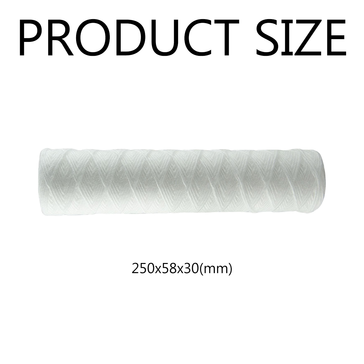 Das Bild zeigt einen weißen Filter mit den Worten PRODUKTGRÖSSE darüber. Die Größe des Filters beträgt 250x58x30(mm).