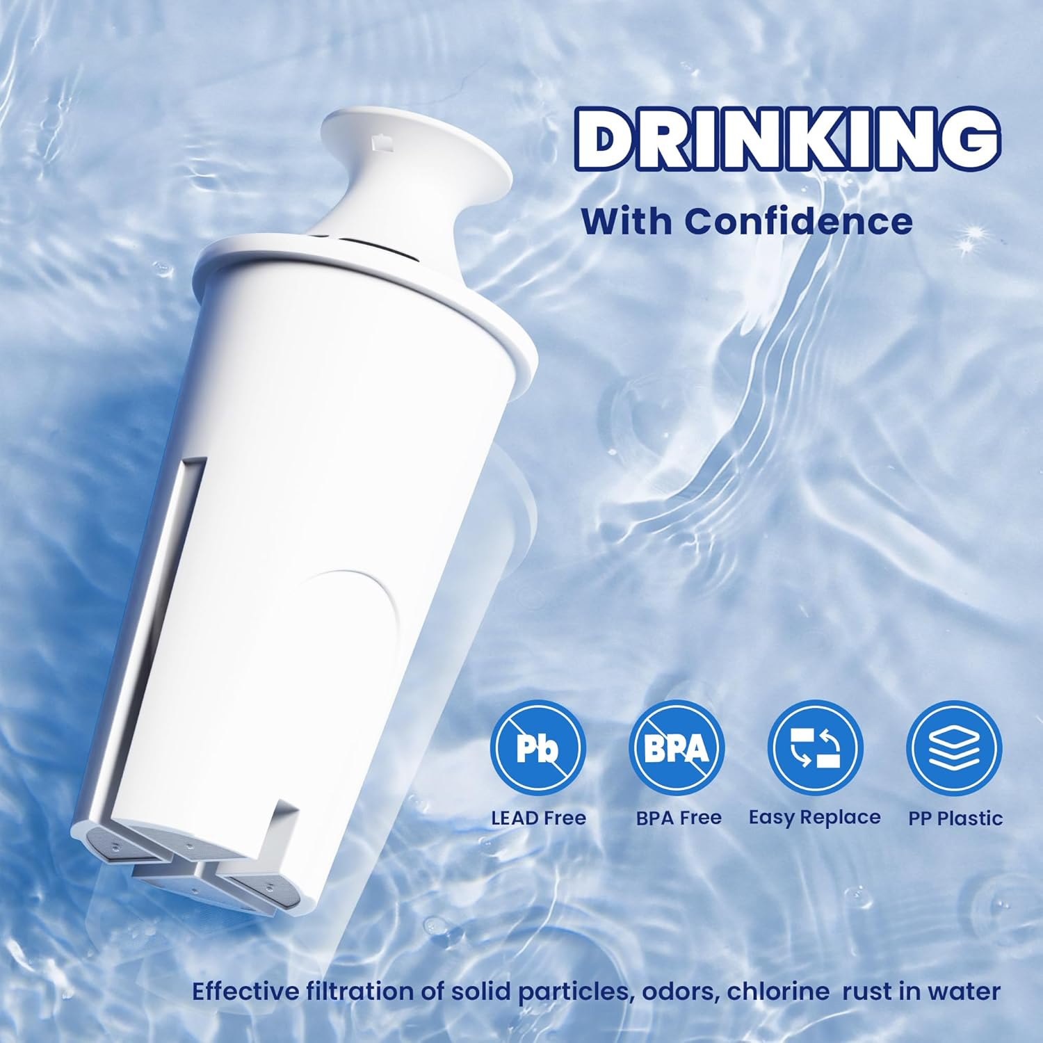 Ein weißer Wasserfilter mit Text 'DRINKING', Symbolen und Wasserhintergrund. Er filtert Partikel, Gerüche, Chlor und Rost.