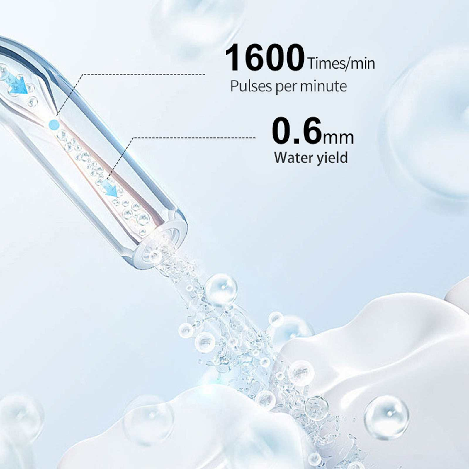 Nahaufnahme eines Geräts, das Wasser sprüht. Zeigt Text: 1600 Mal/Min., 0,6 mm Wasserausbeute. Blasen und weiße Flüssigkeit.