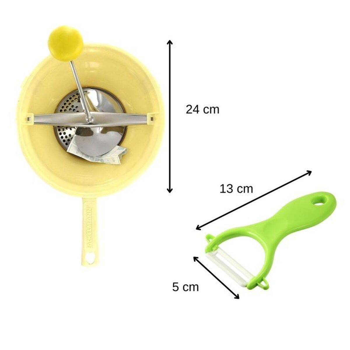 Auf weißem Grund befinden sich eine gelbe Passiermühle und ein grüner Sparschäler. Maße: 24cm, 13cm und 5cm.