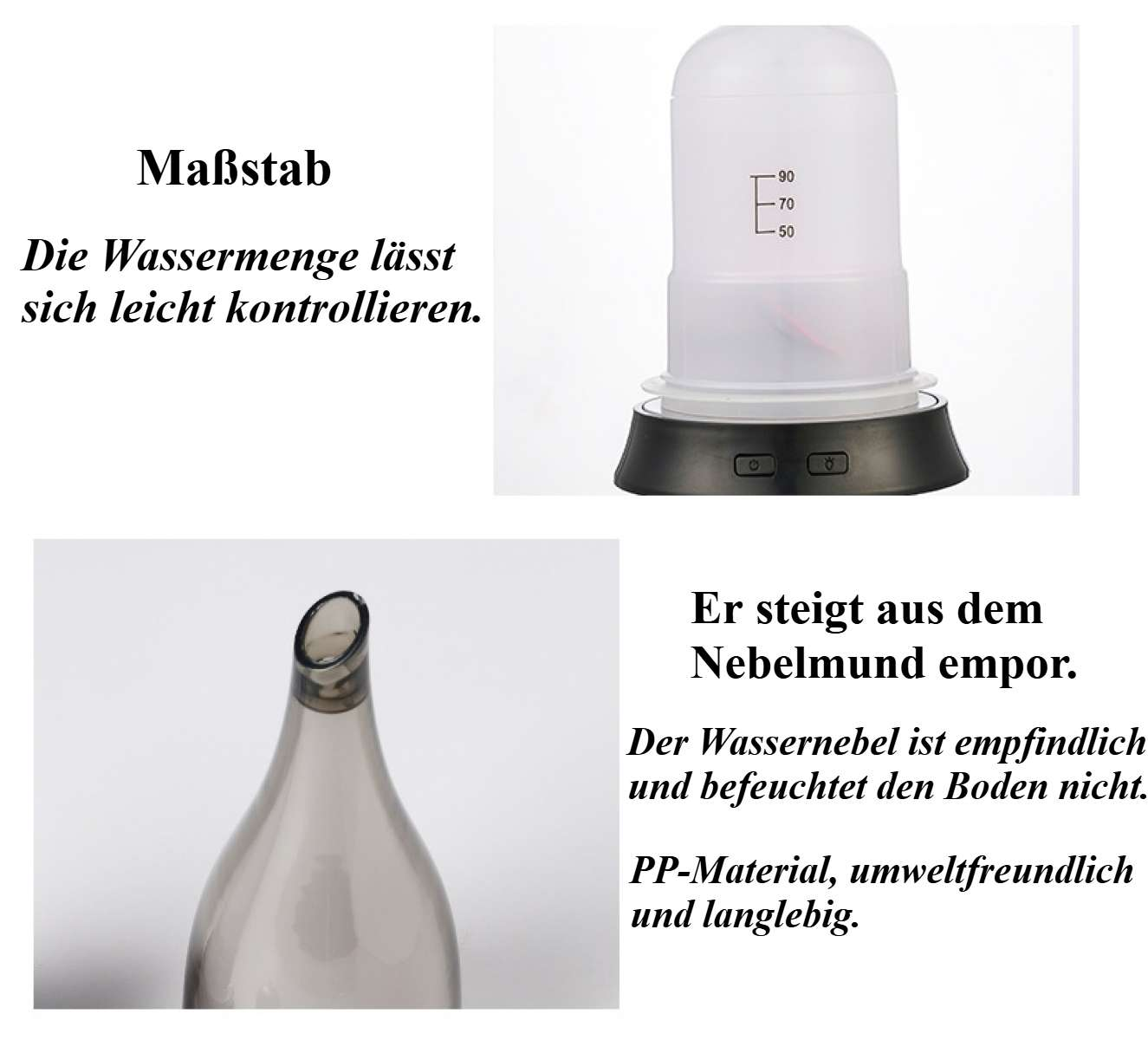 Ein Luftbefeuchter mit Messskala. Das Bild zeigt das Gerät und eine Nahaufnahme der Düse mit Text, der seine Funktionen beschreibt.