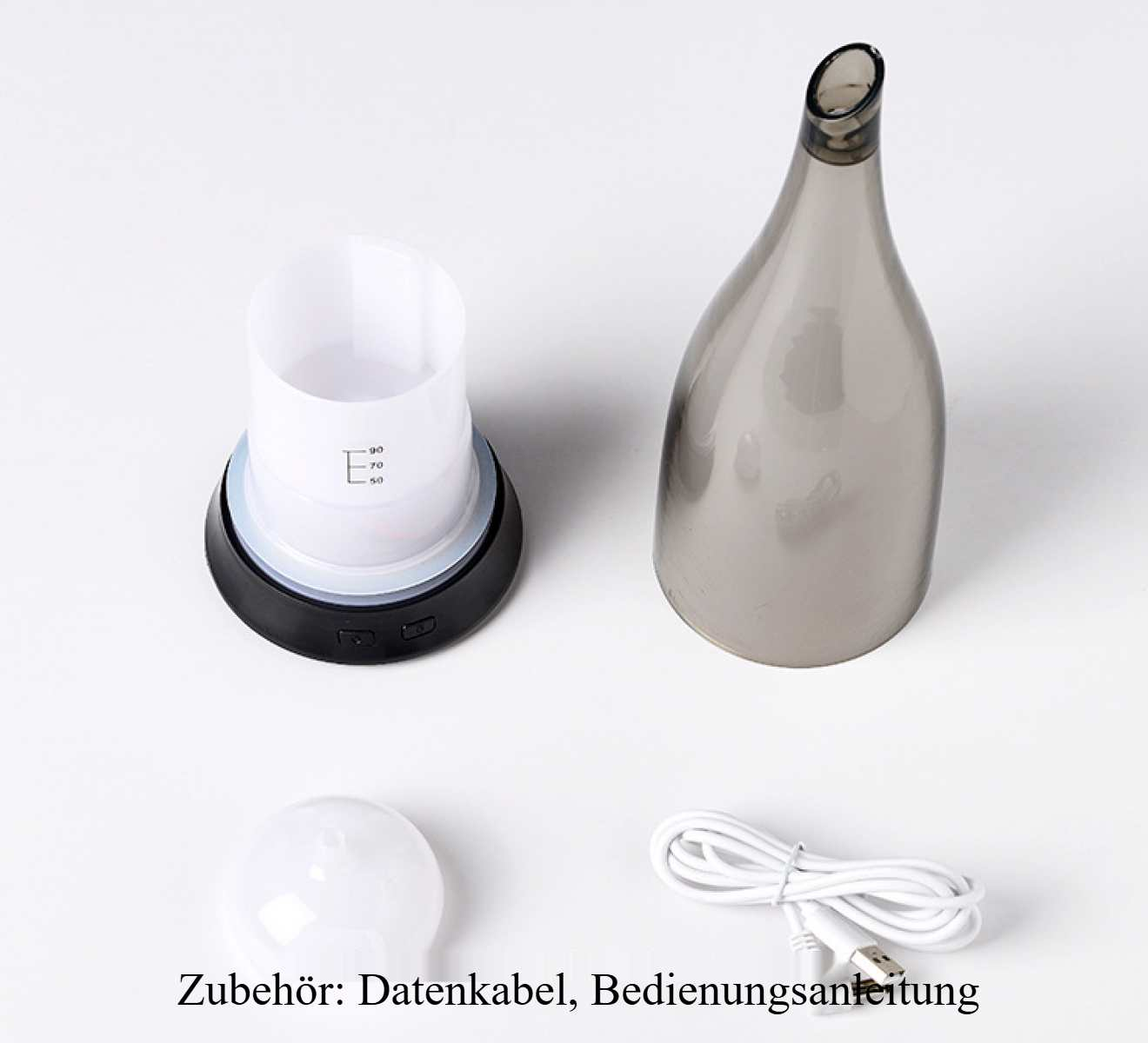 Ein Aromadiffusor mit einem weißen Innenbehälter, einer grauen Außenschale, einem weißen Licht, einem USB-Kabel und einer Bedienungsanleitung.