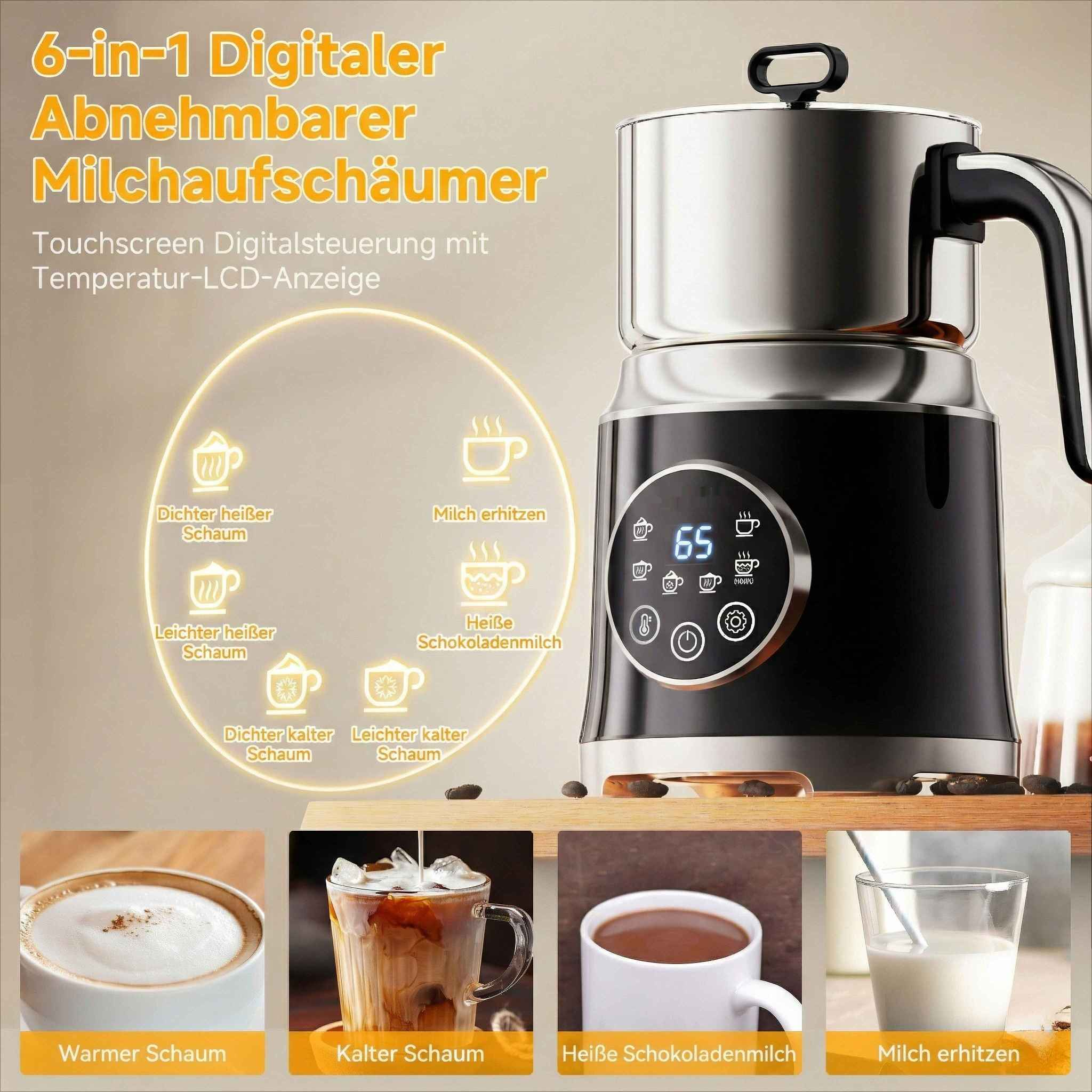 Ein Milchaufschäumer mit Digitalanzeige. Er hat Symbole für verschiedene Schaumarten und Getränke. Tassen mit Getränken sind ebenfalls abgebildet.