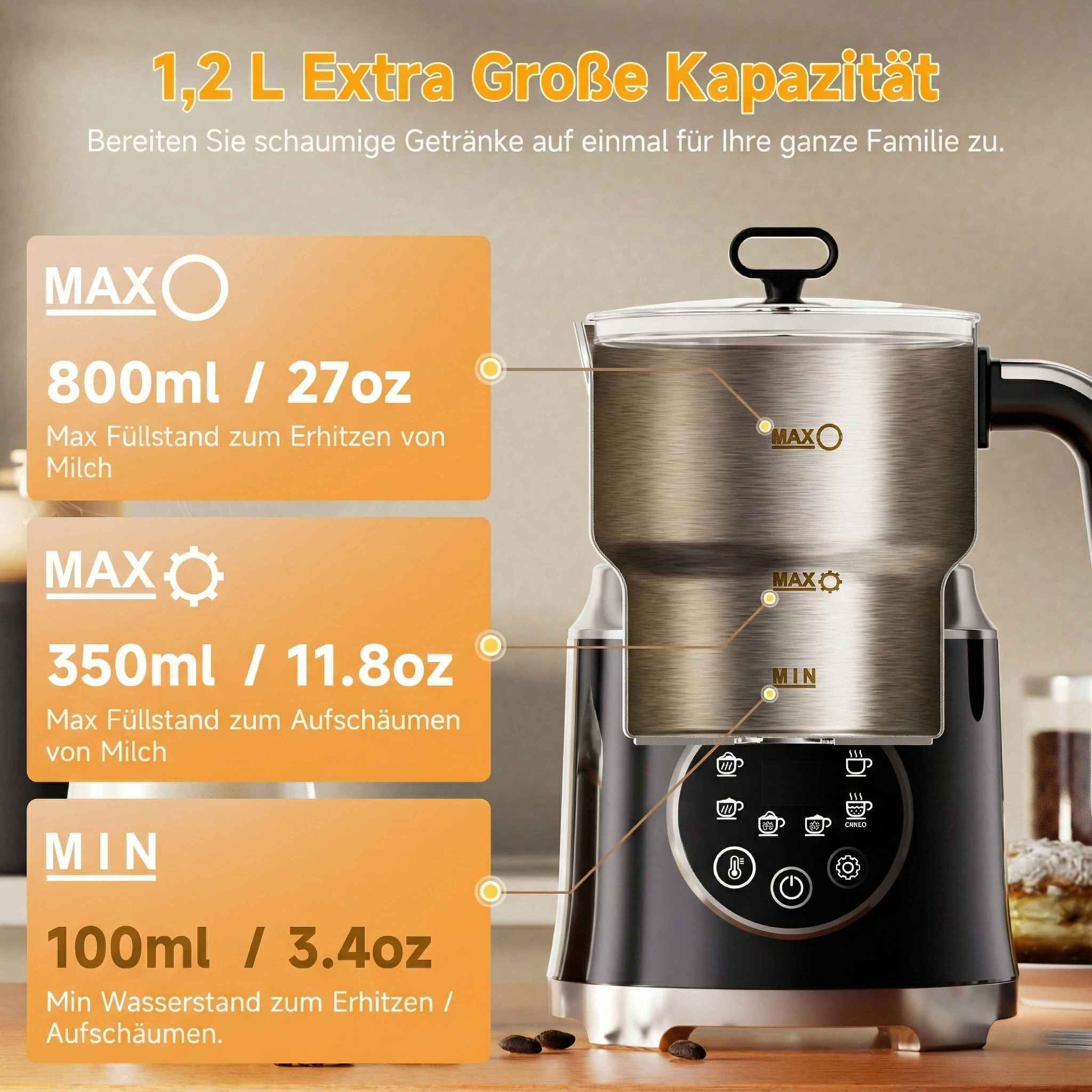 Ein Milchaufschäumer mit Kapazitätsmarkierungen. Enthält Knöpfe für verschiedene Kaffeegetränke. Orangefarbene Etiketten zeigen die Füllstände.