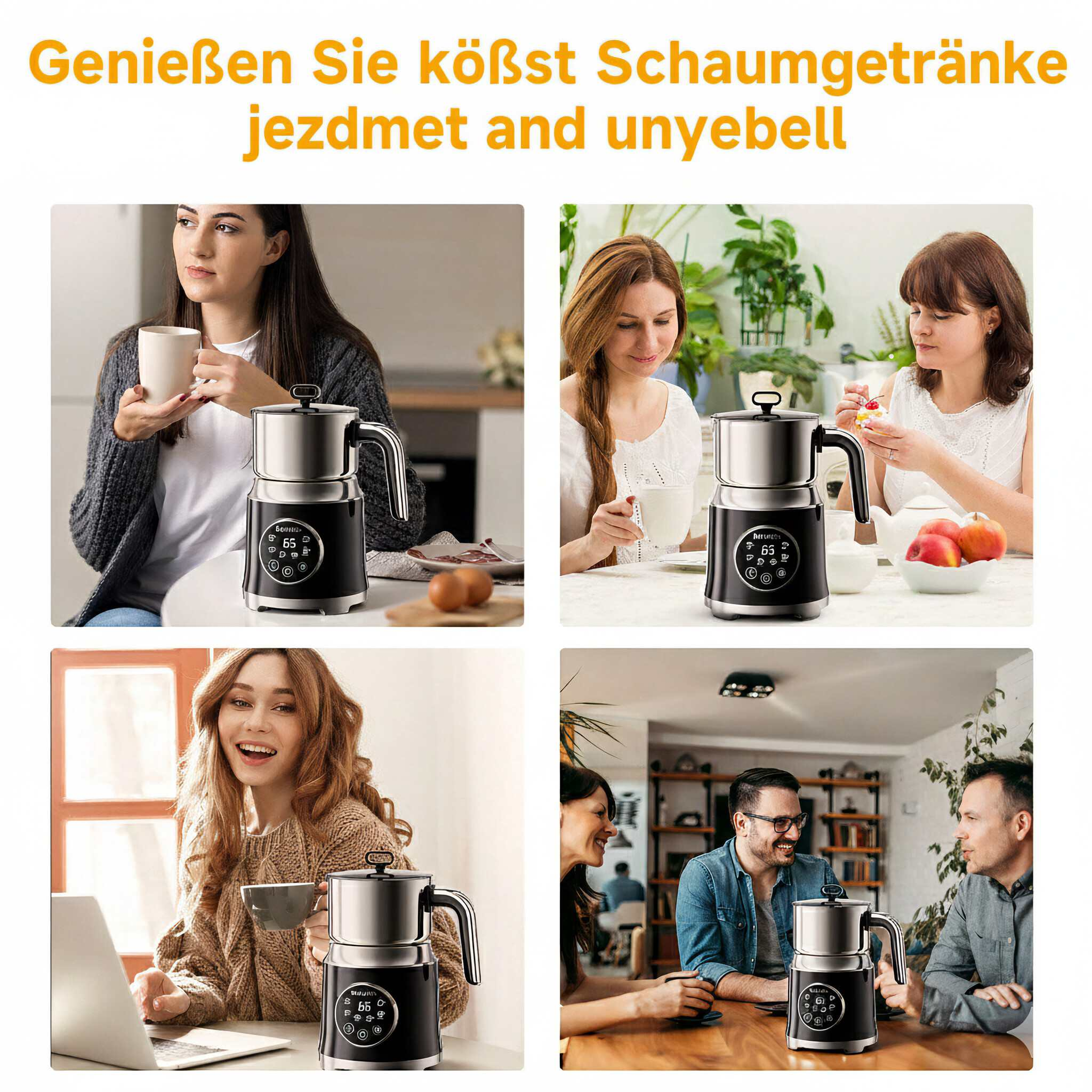 Vier Bilder zeigen Personen, die einen Milchaufschäumer benutzen. Sie genießen Getränke, einige mit einem Laptop, andere mit Freunden.