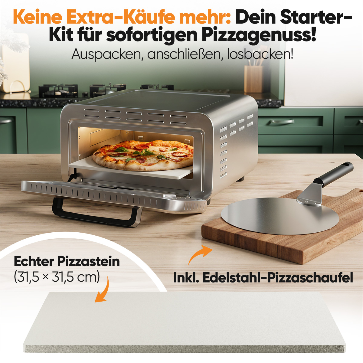 Ein Pizzaofen mit Pizza, Pizzastein und Pizzaschaufel auf einem Holzbrett. Text sagt 'Pizza-Kit' auf Deutsch.