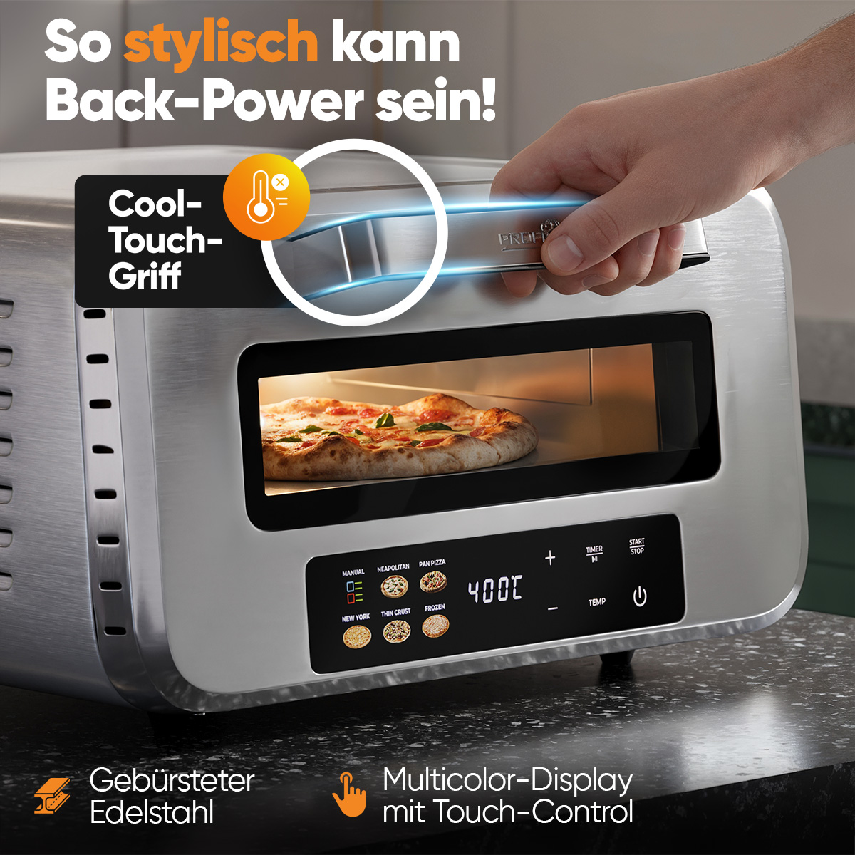 Ein Pizzaofen zeigt eine Pizza im Inneren. Er hat ein digitales Display und Knöpfe. Der Griff wird von einer Person berührt.
