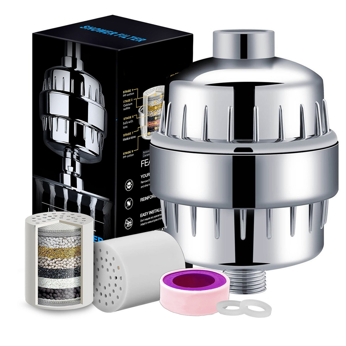 Ein Duschfilter mit Chromoberfläche, Teilen und einer Box mit Filterstufen. Enthält weiße und rosa Komponenten sowie einen weißen Filter.