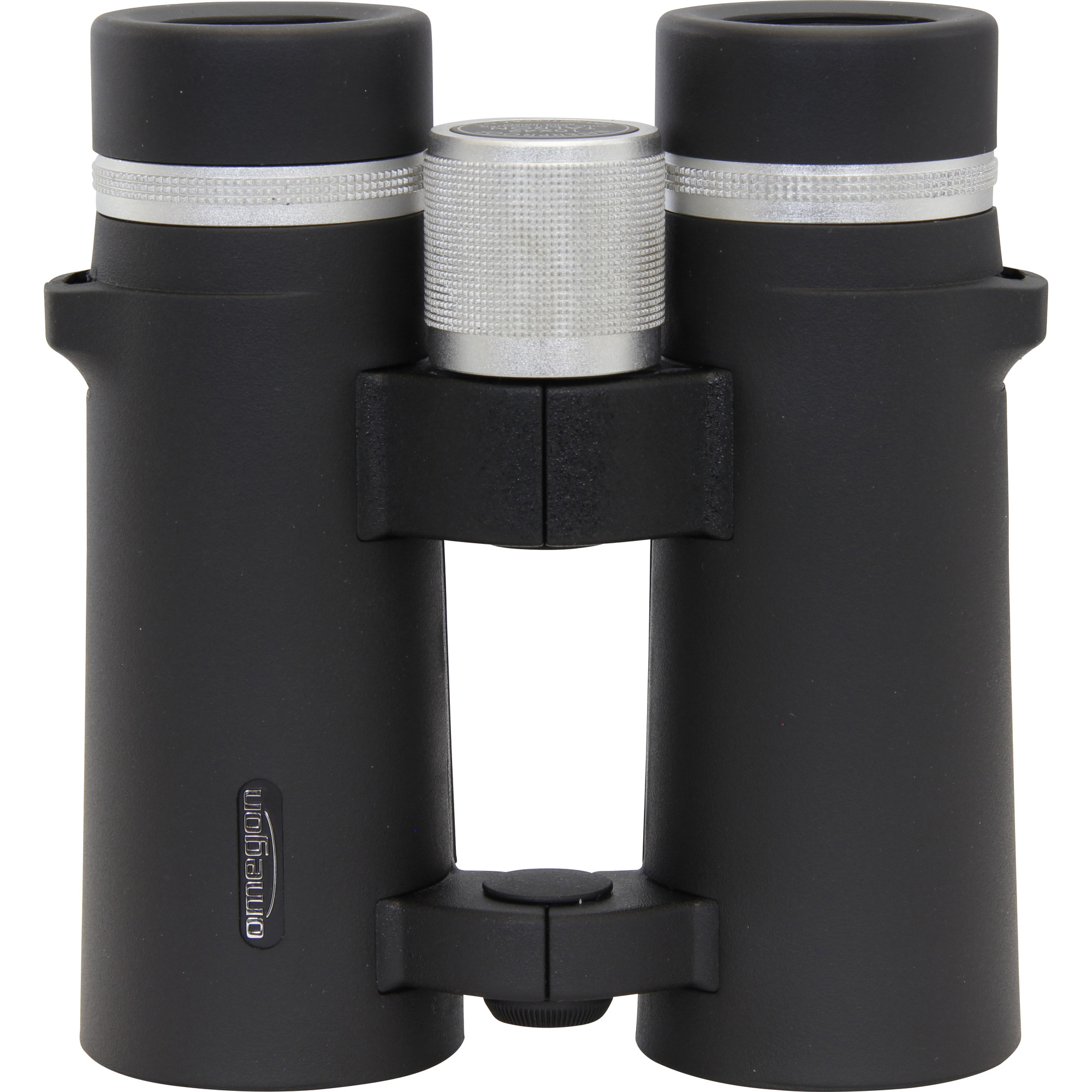 Schwarzes Fernglas mit silbernen Akzenten. Es hat einen strukturierten Fokusknopf und einen Markennamen.
