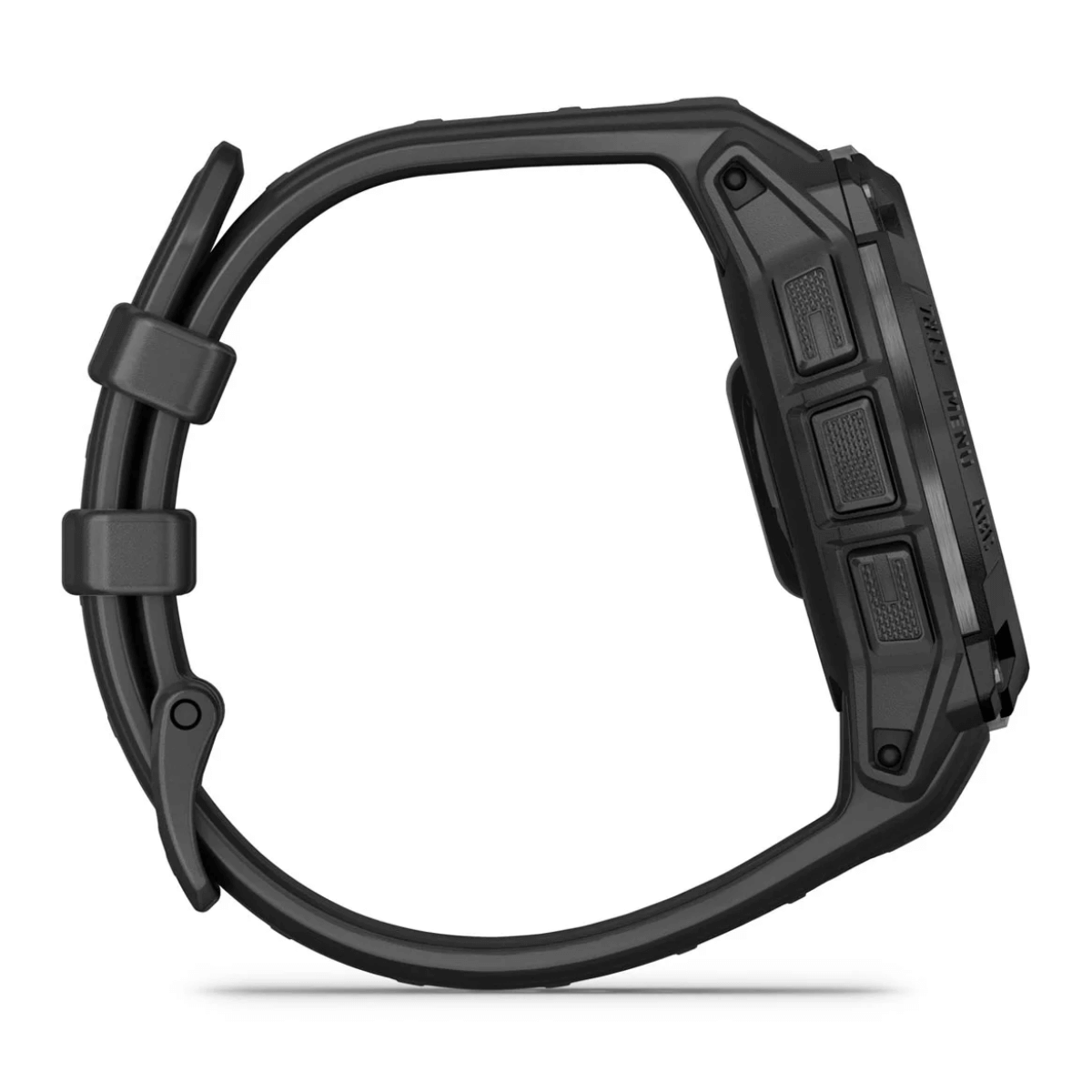 Czarny smartwatch z trzema przyciskami z boku. Pasek również czarny, a tło białe.