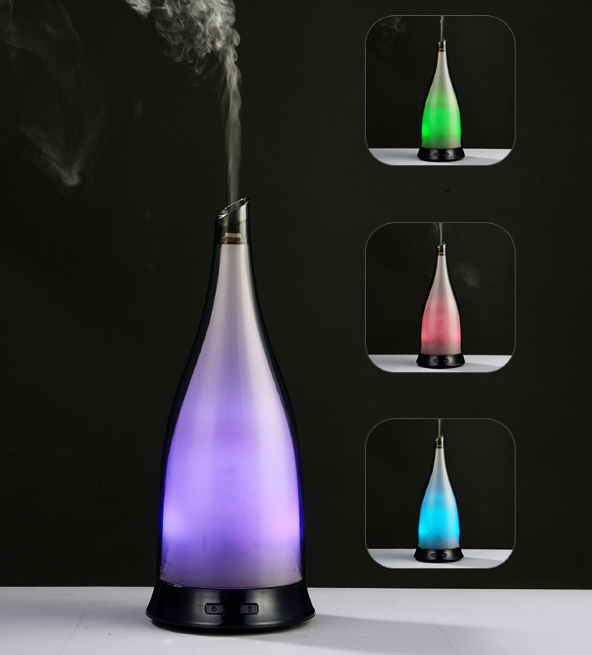 Aromadiffusor mit lila Licht, das Dampf emittiert. Drei kleinere Bilder zeigen grünes, rotes und blaues Licht, alle mit Dampf.