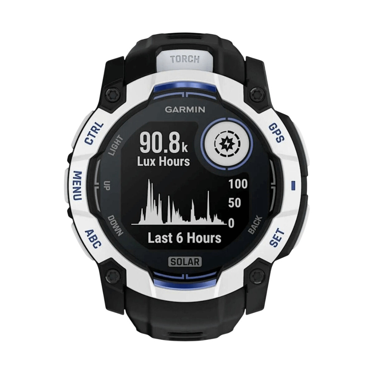 Smartwatch Garmin w czarno-biało-niebieskiej obudowie. Ekran wyświetla dane. Przyciski są oznaczone: CTRL, MENU, ABC, LIGHT, GPS, SET i BACK.
