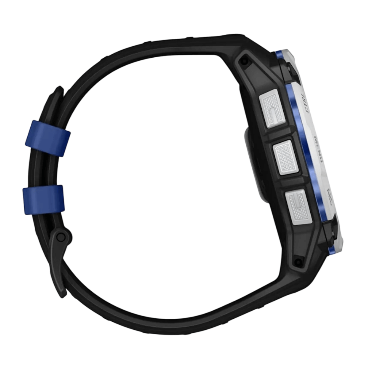 Widok z boku czarnego smartwatcha z niebieskim paskiem. Ma przyciski i ekran z tekstem. Pasek jest zakrzywiony.