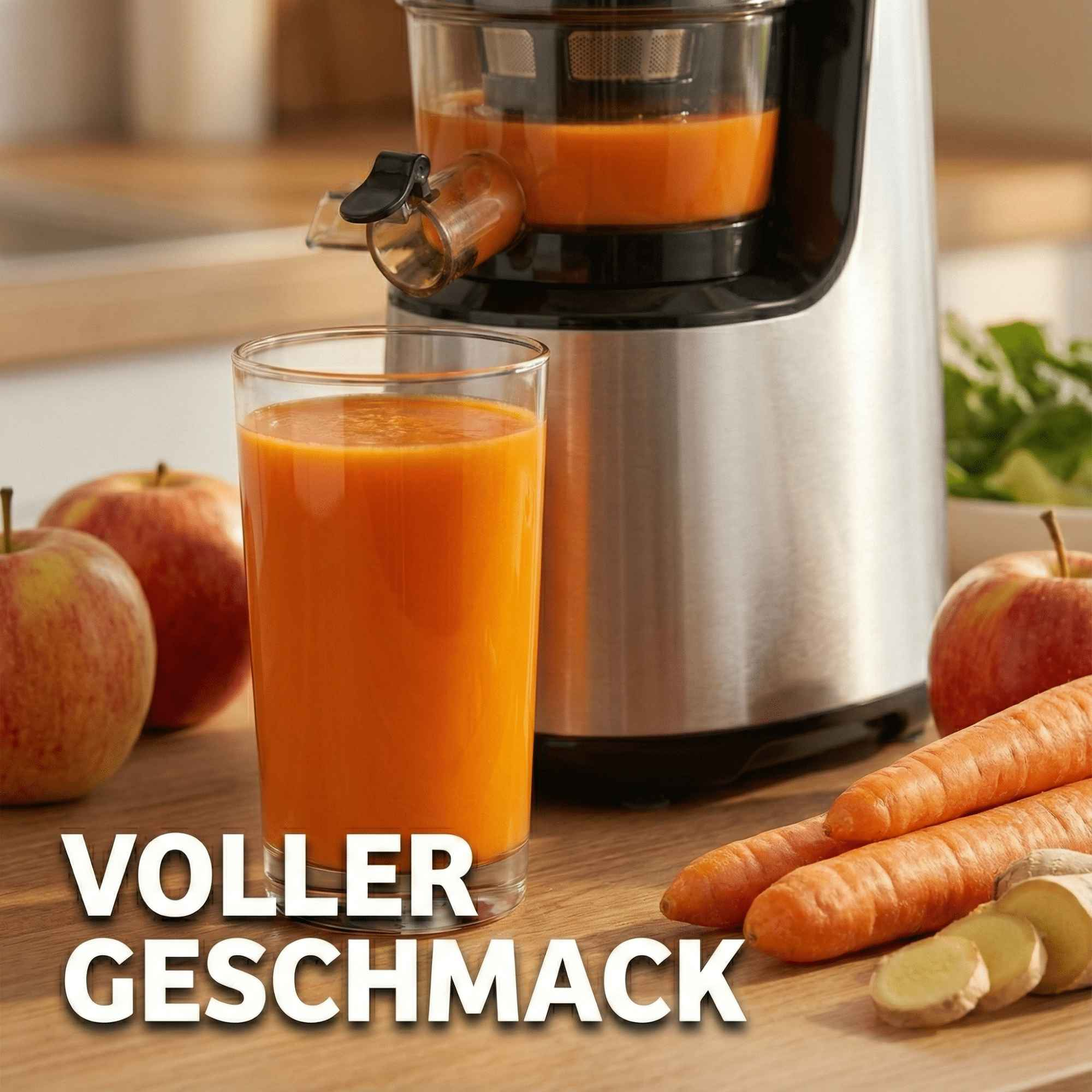 Glas Orangensaft, Entsafter, Äpfel, Karotten und Ingwer auf Holz. Text: VOLLER GESCHMACK.