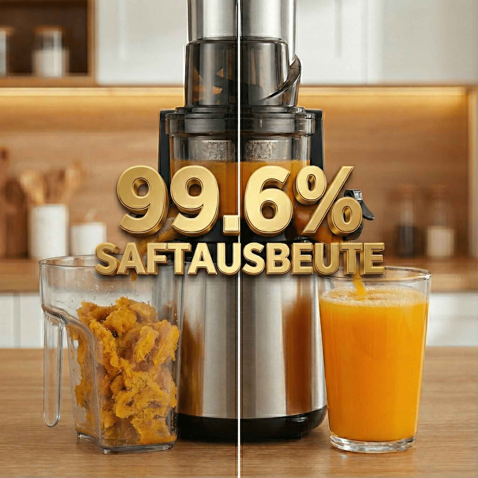 Eine Saftpresse mit 99,6 % Ausbeute, ein Glas Saft und Fruchtfleisch. Saft fließt aus der Maschine. Küchenhintergrund.
