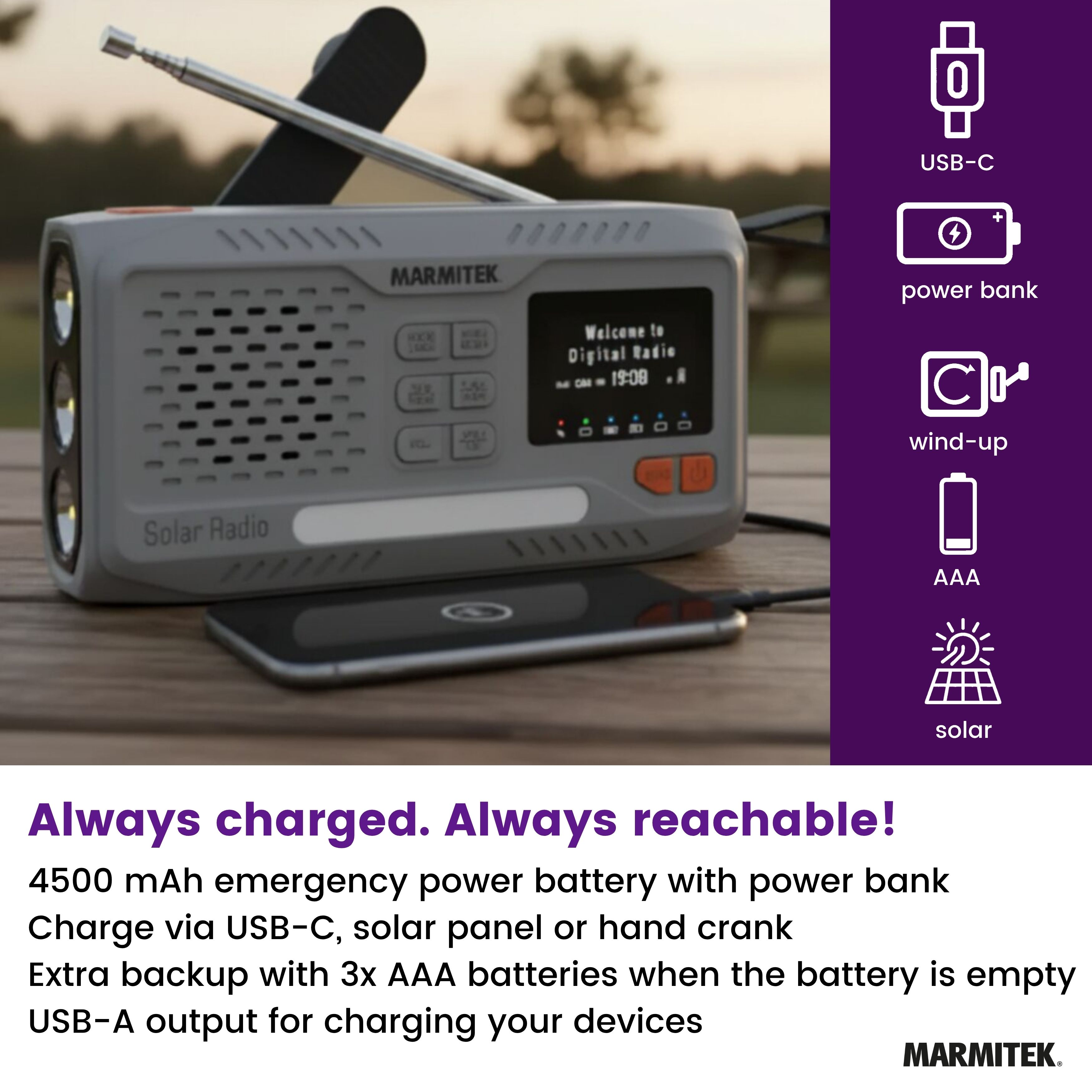 A gray solar radio with a phone charging on a wooden table. Features include USB-C, power bank, and solar power.