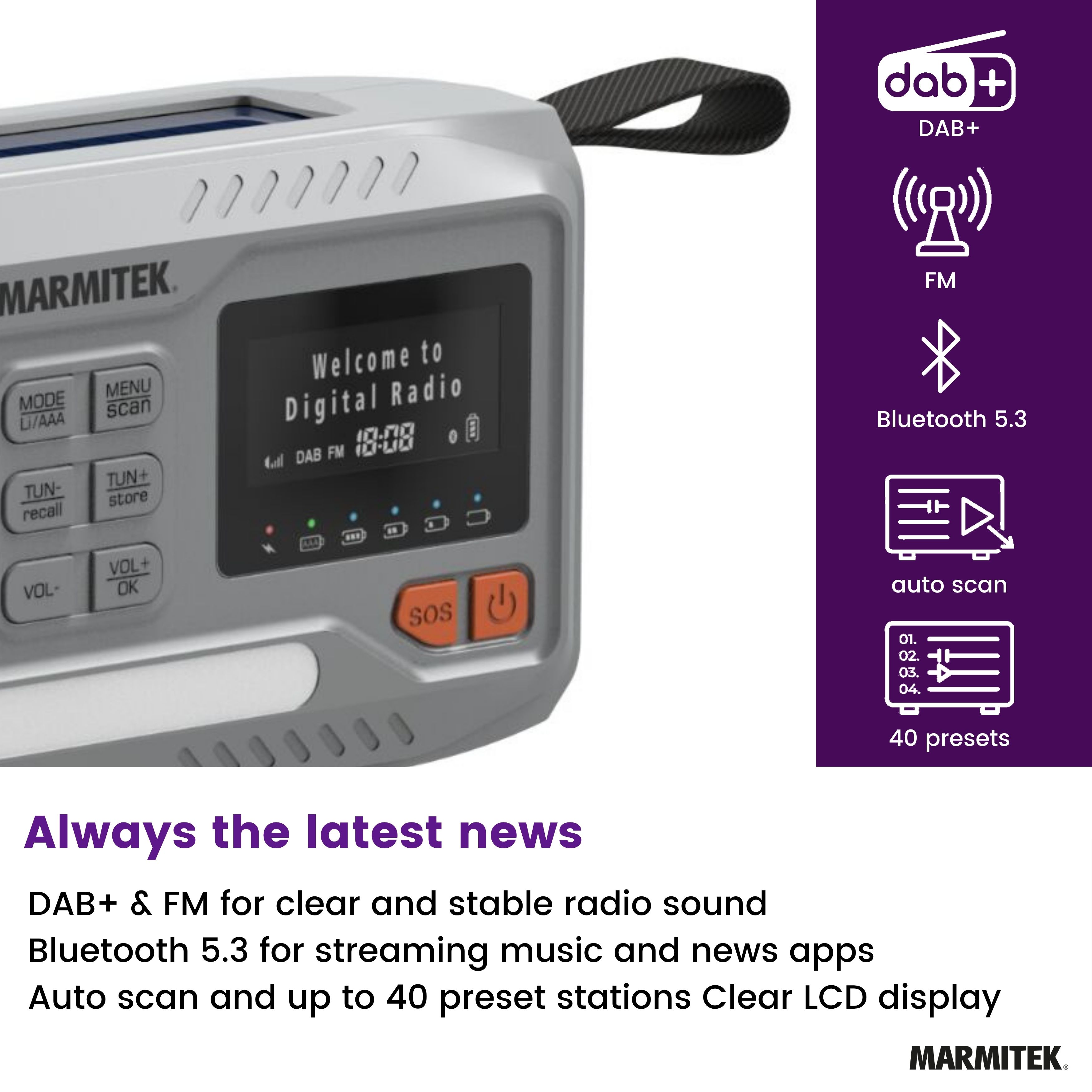 A gray radio with a screen showing 'Welcome to Digital Radio'. Features DAB+, FM, Bluetooth 5.3, and 40 presets.