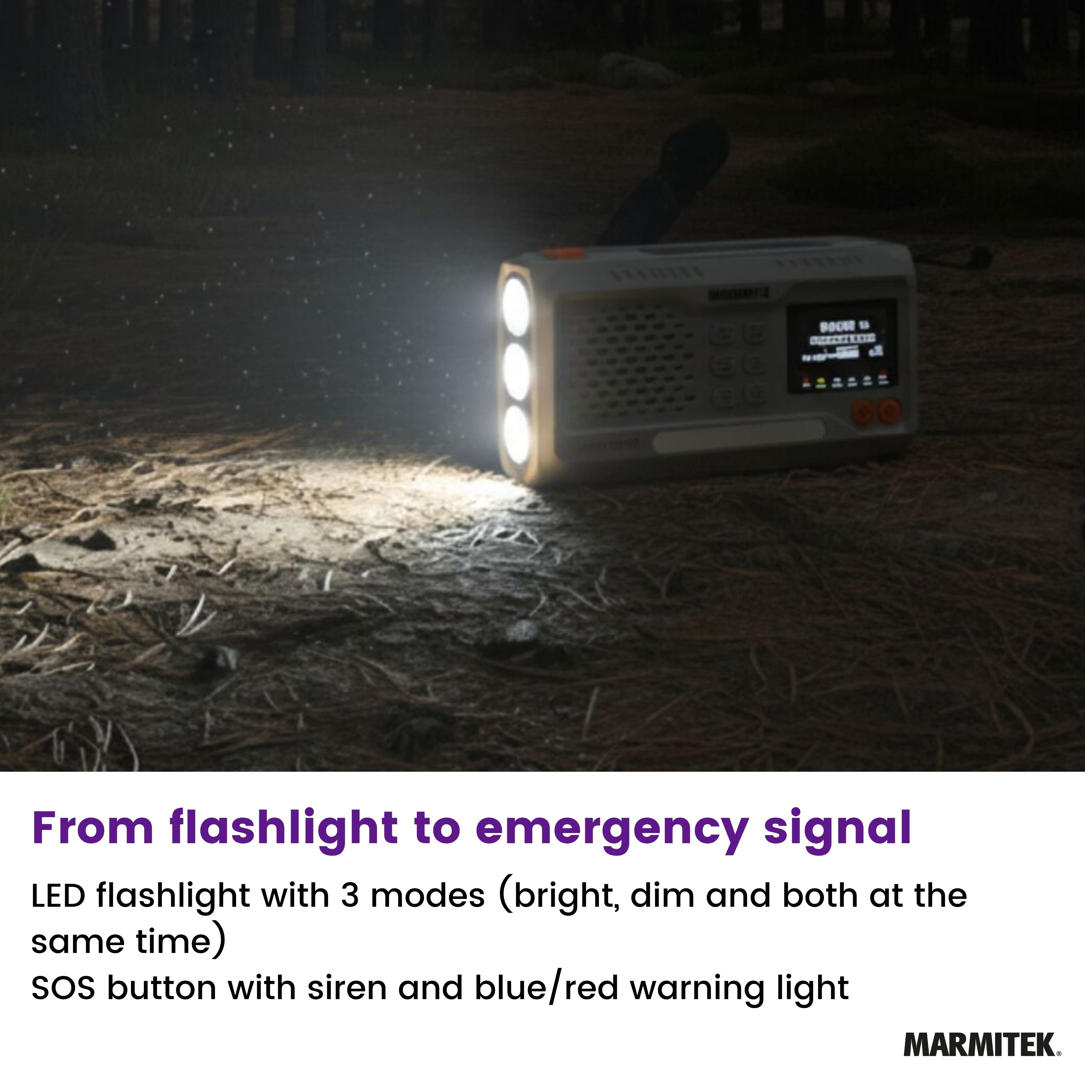 A flashlight shines in a dark forest. It has three bright lights. There is an SOS button and a display.