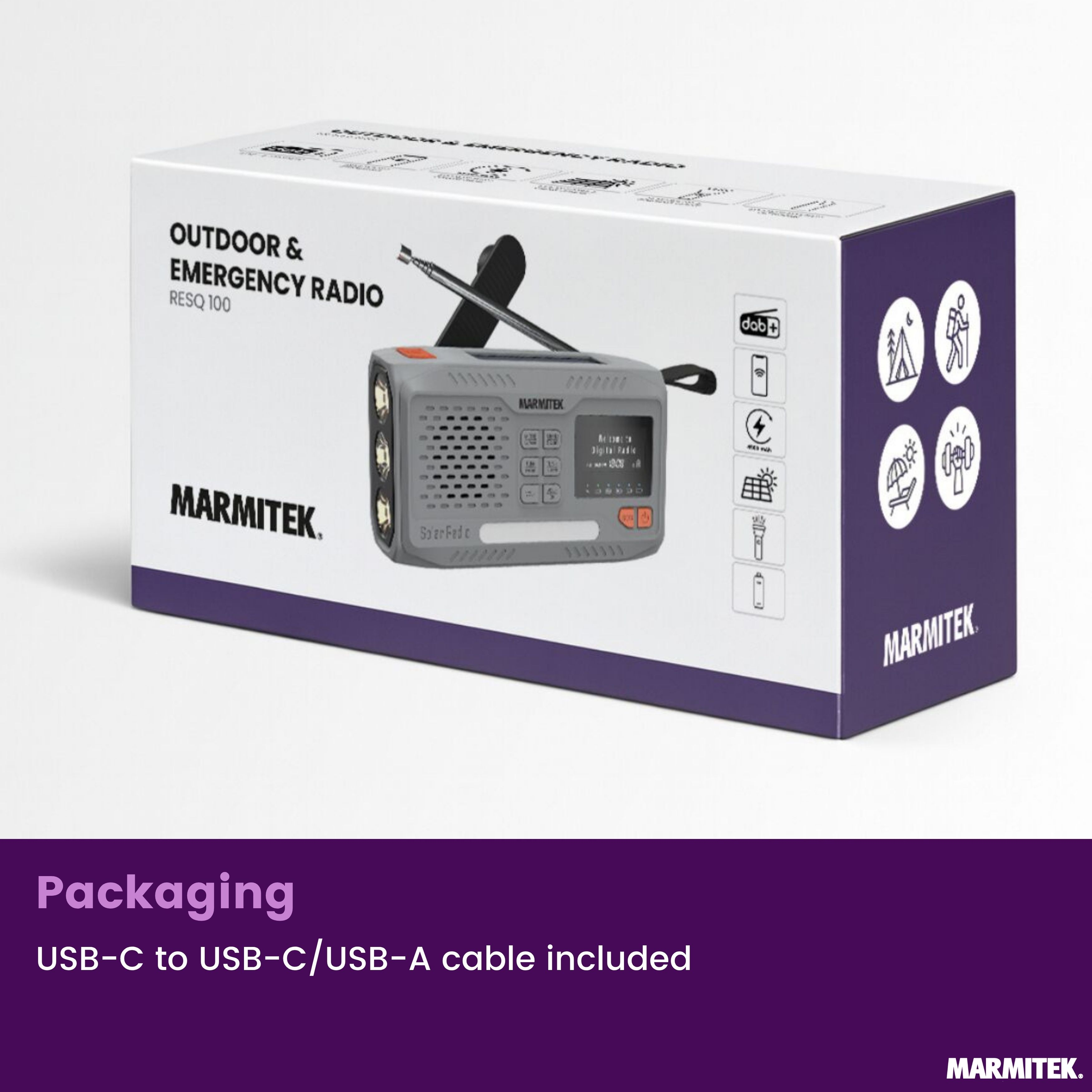 A box with an emergency radio, brand Marmitek. It has a radio, a flashlight, and a charging option via solar.