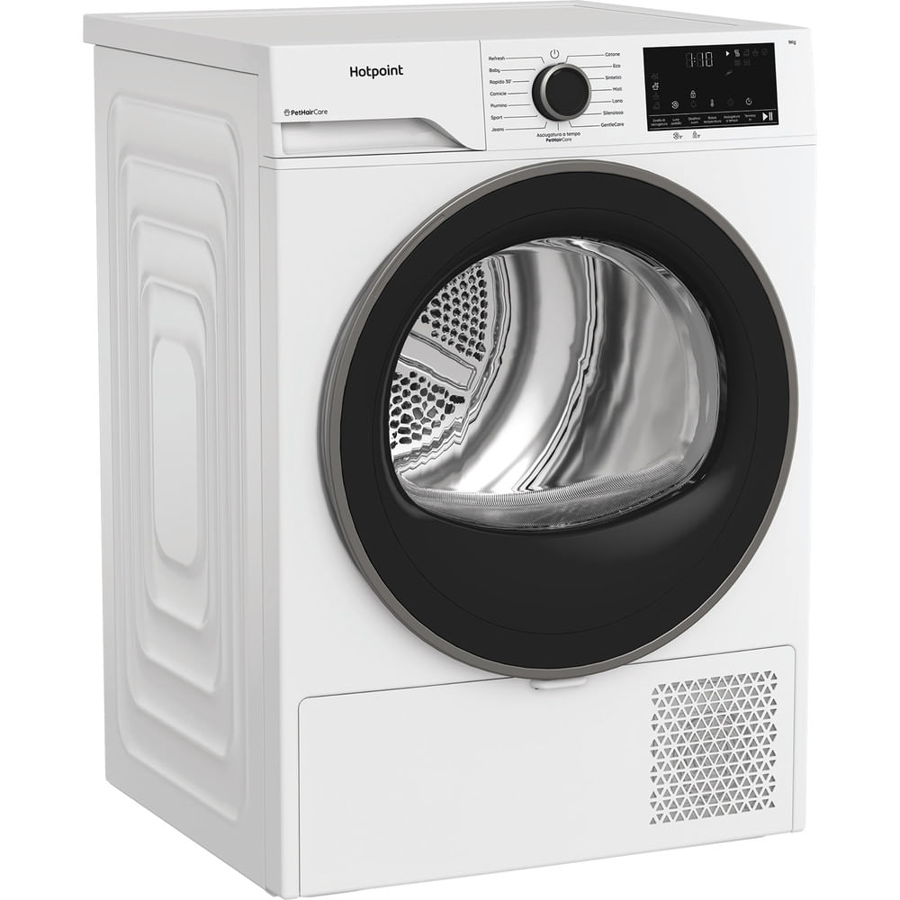 Un'asciugatrice Hotpoint bianca. Ha un anello porta e un pannello di controllo neri. La porta è rotonda e la macchina è su una superficie bianca.