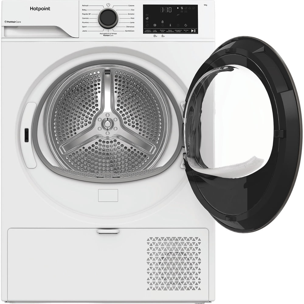 Un'asciugatrice Hotpoint bianca con porta nera aperta. Il tamburo è visibile, il pannello di controllo è in alto. La porta è a destra.