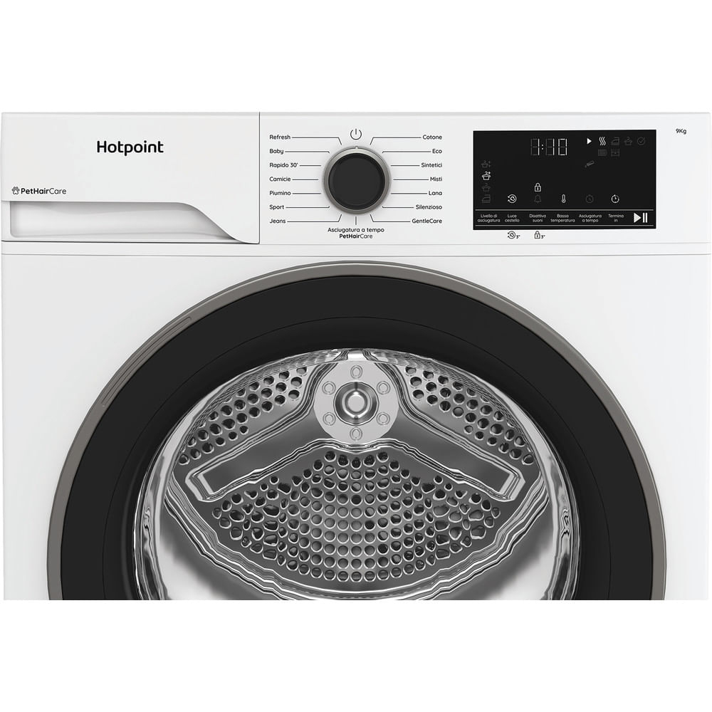 Un'asciugatrice Hotpoint bianca con porta nera. Ha un pannello di controllo e un display digitale che mostra le impostazioni e l'ora.