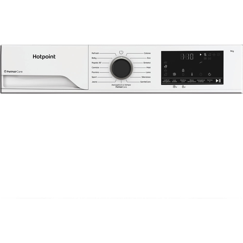 Un'asciugatrice Hotpoint bianca con pannello comandi che mostra le impostazioni e un display digitale. La manopola è su 'Refresh'.