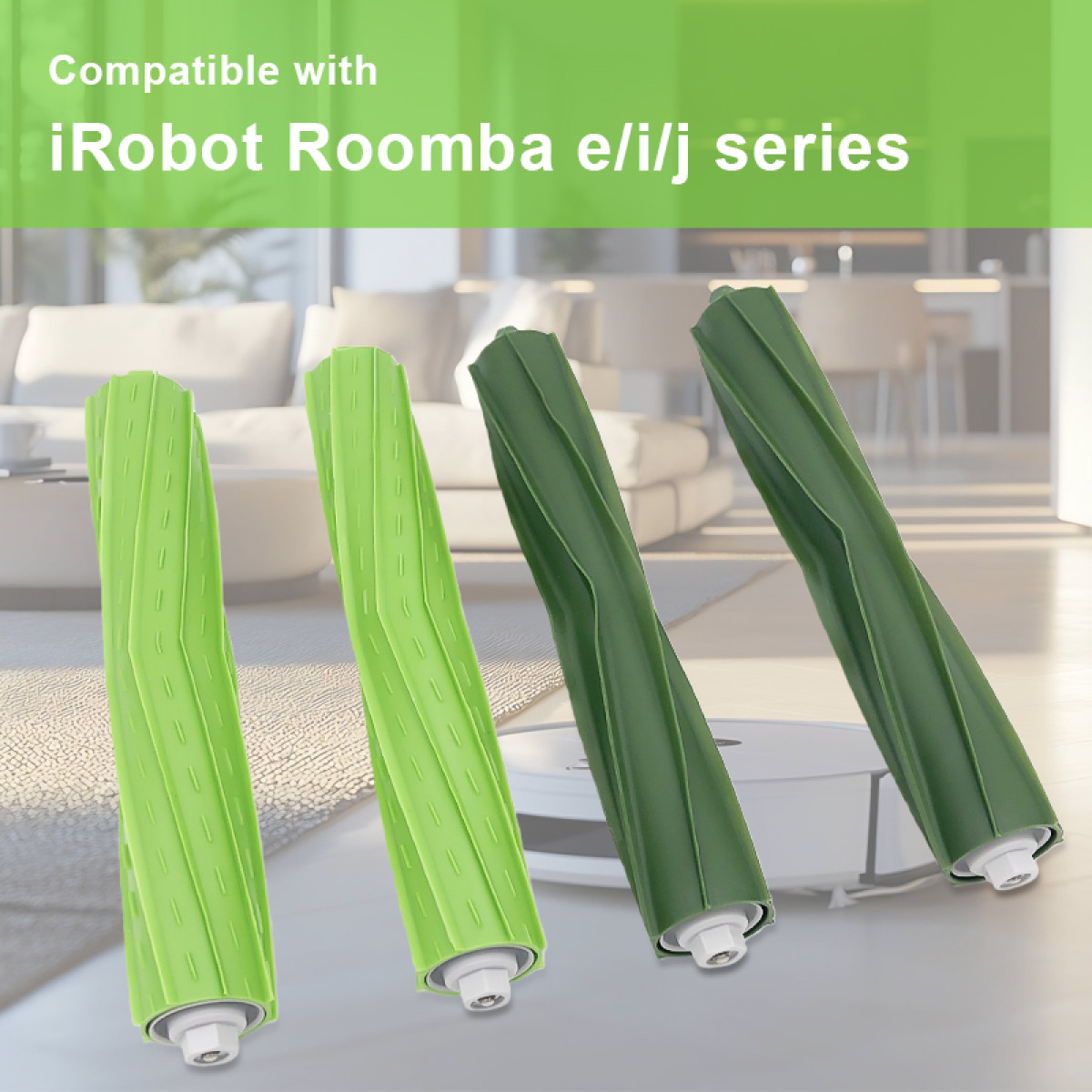 Wyświetlane są cztery zielone rolki szczotki Roomba, wraz z odkurzaczem Roomba. Tło przedstawia salon.