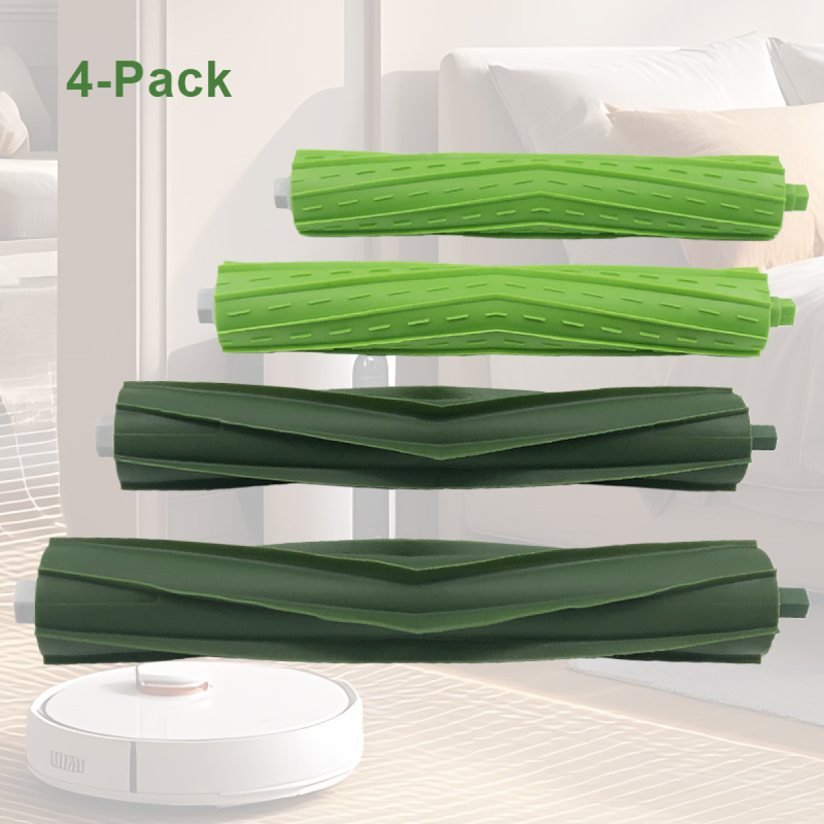 Cztery zielone rolki szczotkowe do robota odkurzającego są ułożone w stos. Biały robot odkurzający na dole. Łóżko w rozmytym tle.