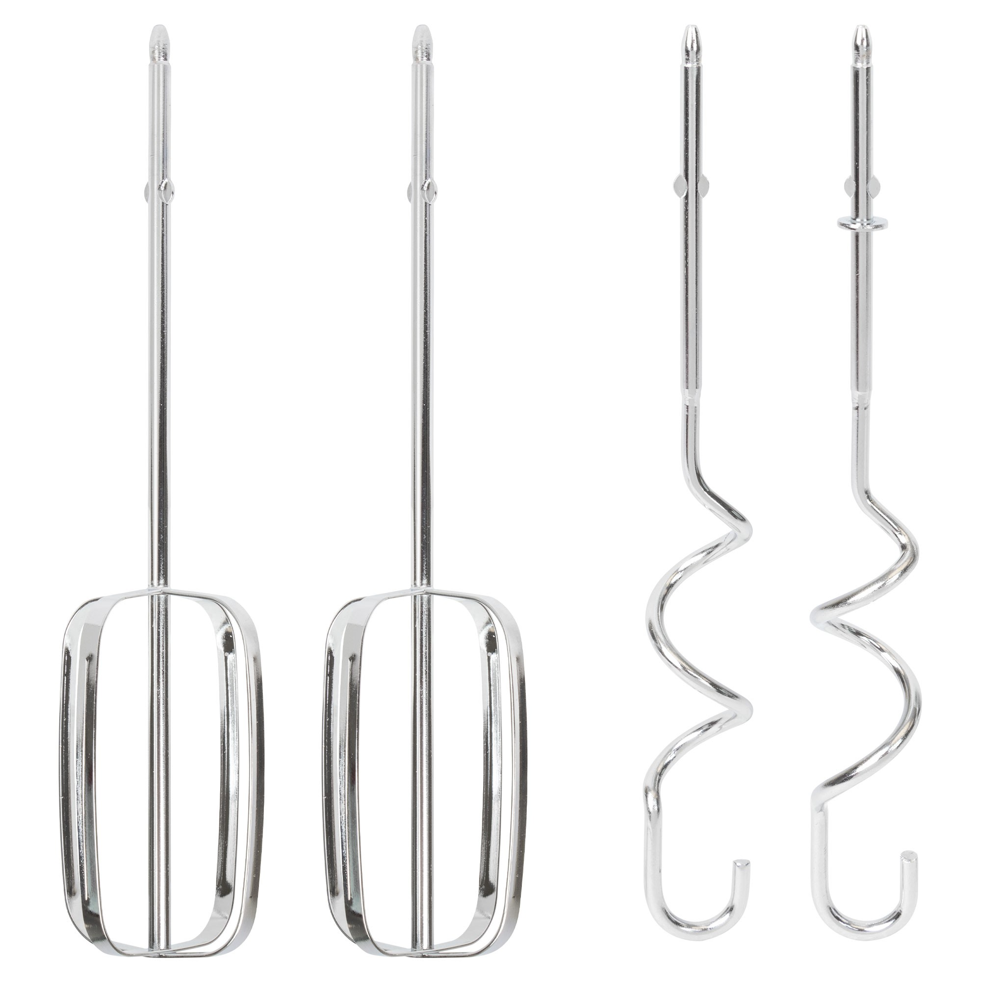 Cztery końcówki miksera ze stali nierdzewnej na białym tle: dwie trzepaczki i dwa mieszadła.