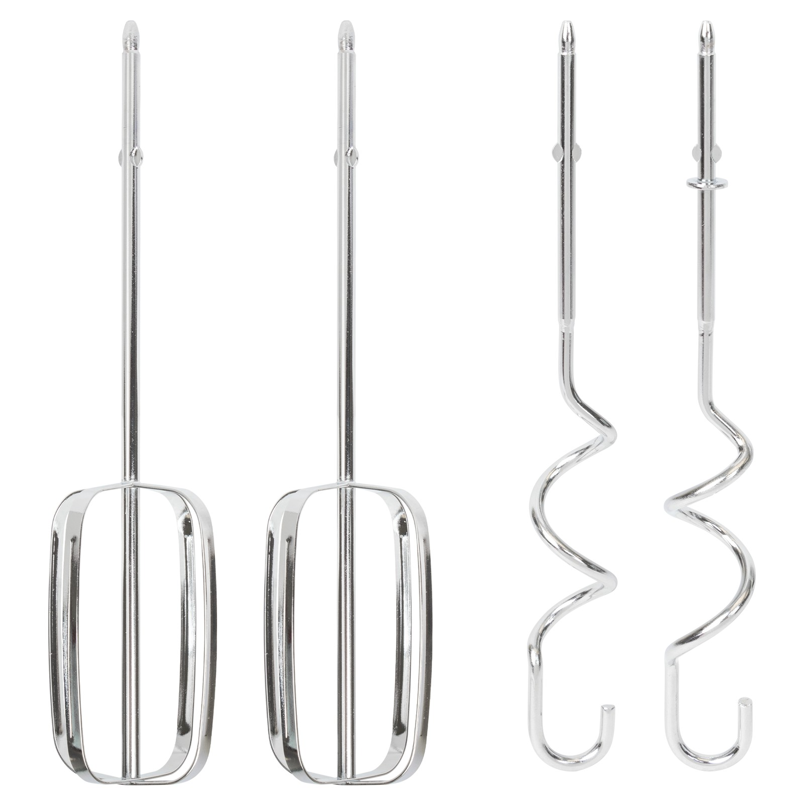 Cztery nasadki do miksera ze stali nierdzewnej. Dwie to pętle, a dwie trzepaczki. Wszystkie są srebrne, na białym tle.