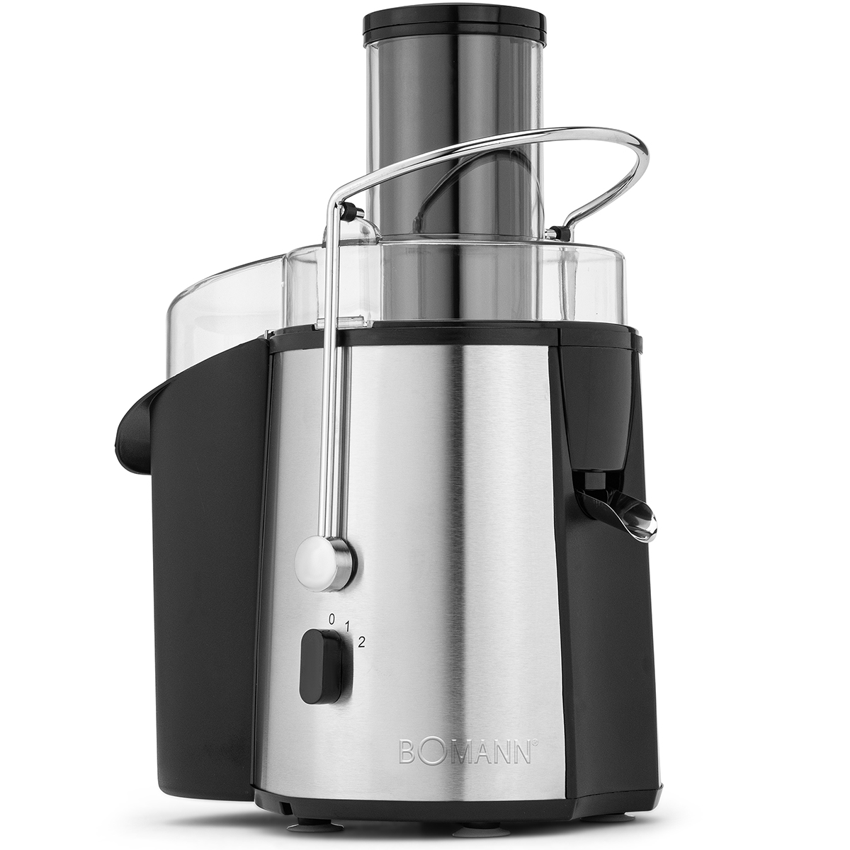 Srebrno-czarna wyciskarka do soku Bomann. Ma przezroczystą plastikową górę, metalowy uchwyt i czarny włącznik.