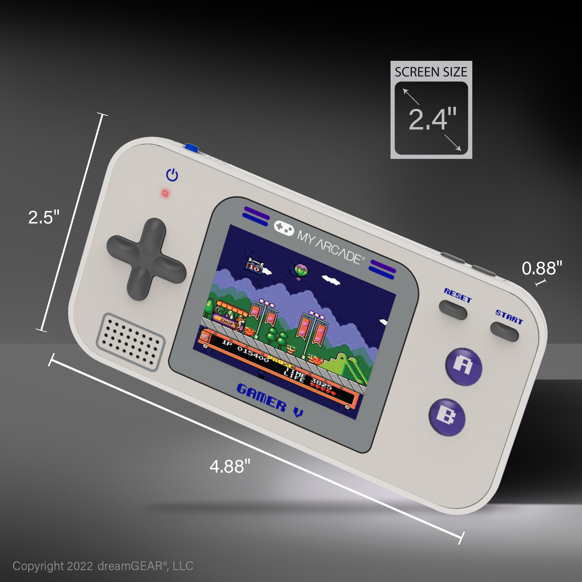 Una consola de juegos portátil con pantalla que muestra un juego retro. Tiene botones, dimensiones marcadas y la marca 'MY ARCADE'.