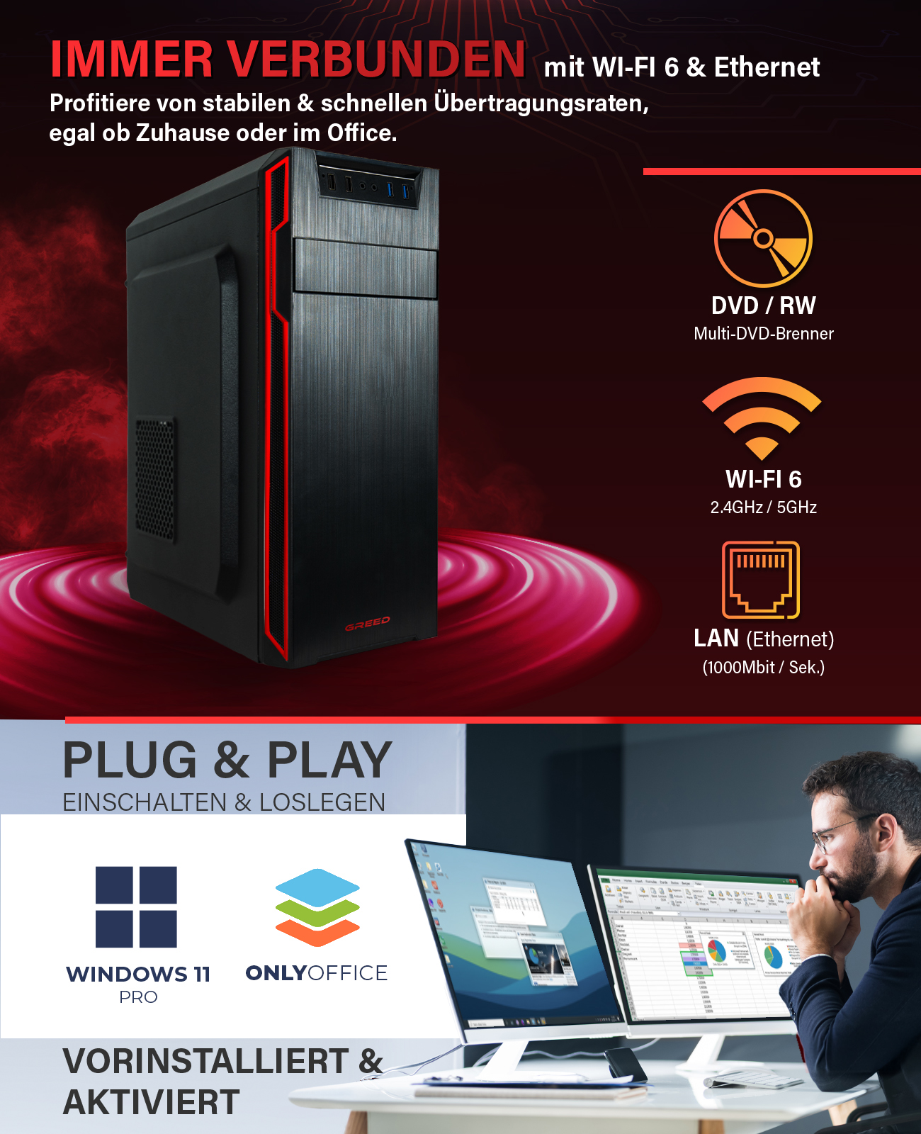 Czarna obudowa komputera z czerwonymi akcentami, Wi-Fi 6, Ethernet, DVD/RW, Windows 11 Pro i mężczyzna korzystający z komputera.