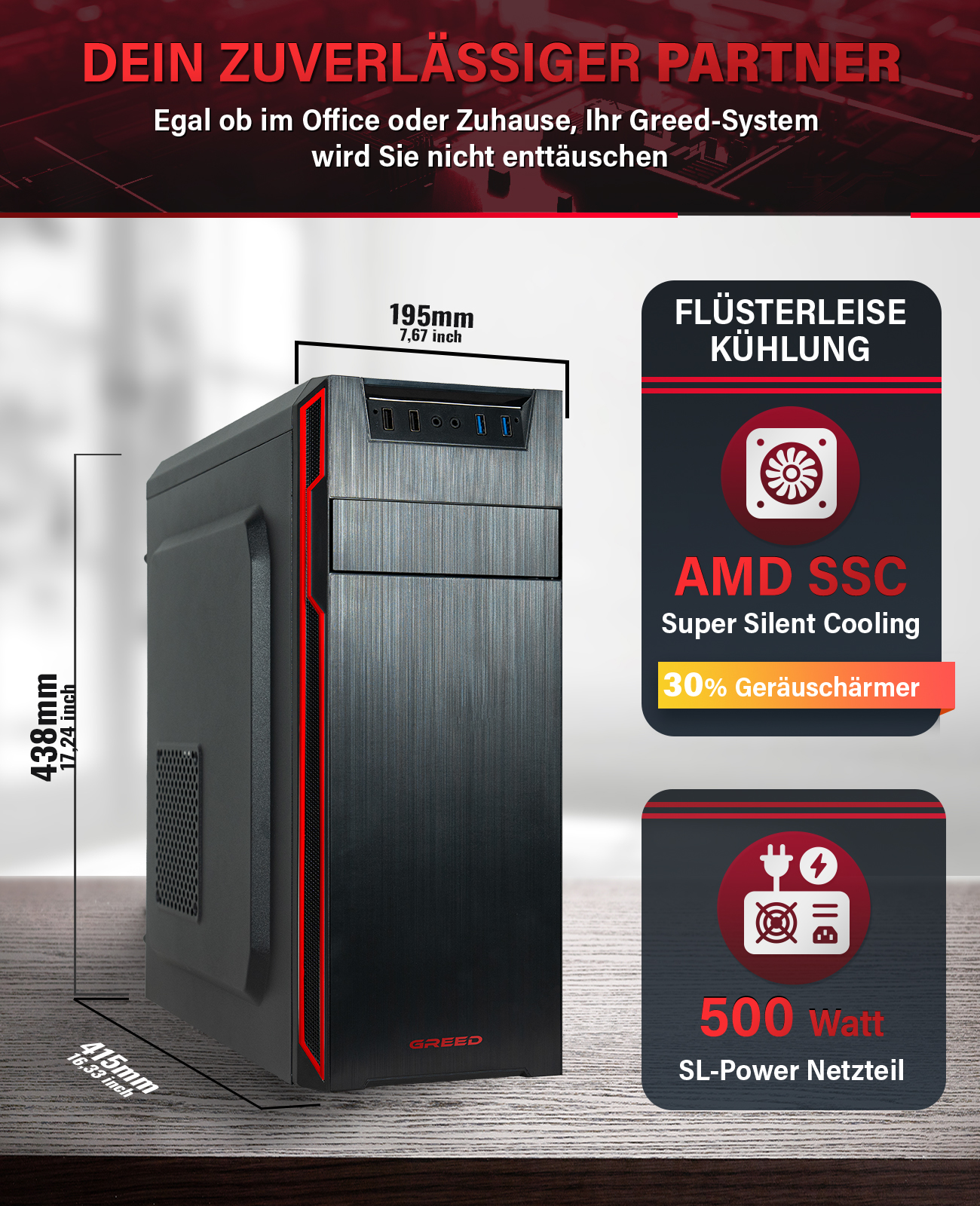 Czarna obudowa komputera z czerwonymi akcentami, pokazane wymiary. Nakładki tekstowe opisują funkcje, takie jak ciche chłodzenie.