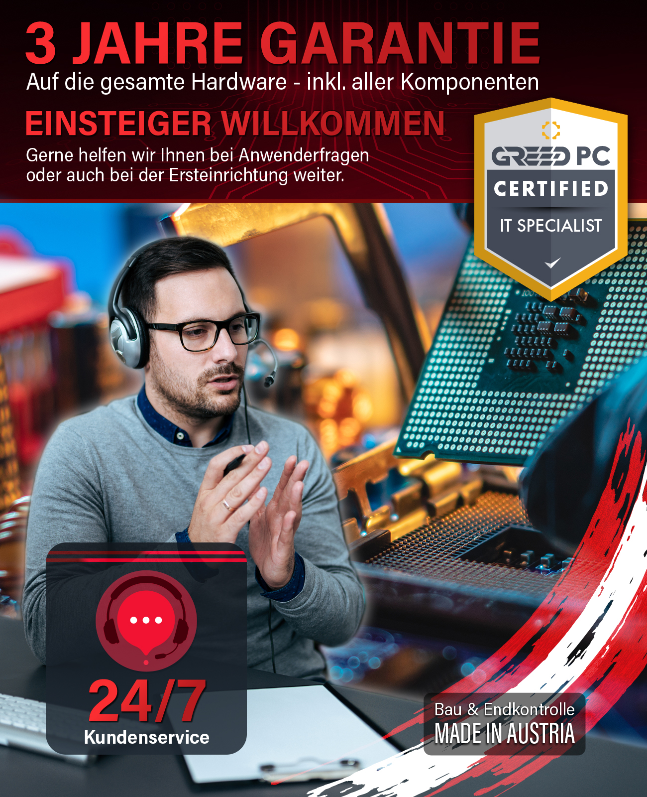 Mężczyzna w okularach i zestawie słuchawkowym, gestykulujący rękami. Chip komputerowy i tekst w tle. Tekst mówi 24/7 obsługa klienta.