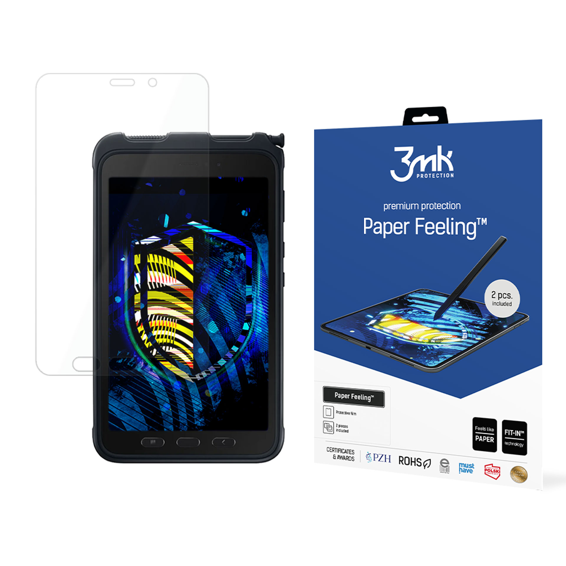 Tablet z ochraniaczem ekranu, pudełko ochraniacza ekranu 'Paper Feeling' i etui ochronne.