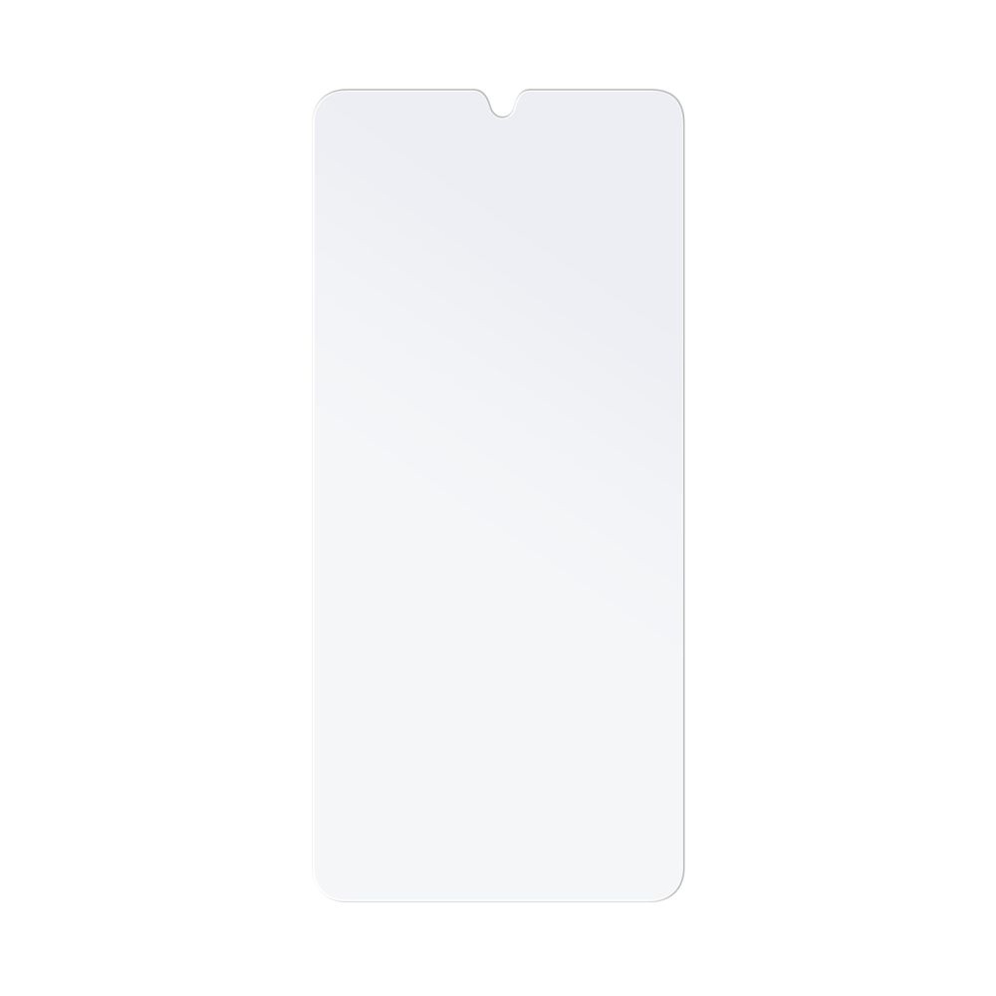 Ein klarer, rechteckiger Displayschutz für ein Telefon, mit einer Kerbe oben. Er befindet sich auf weißem Hintergrund.