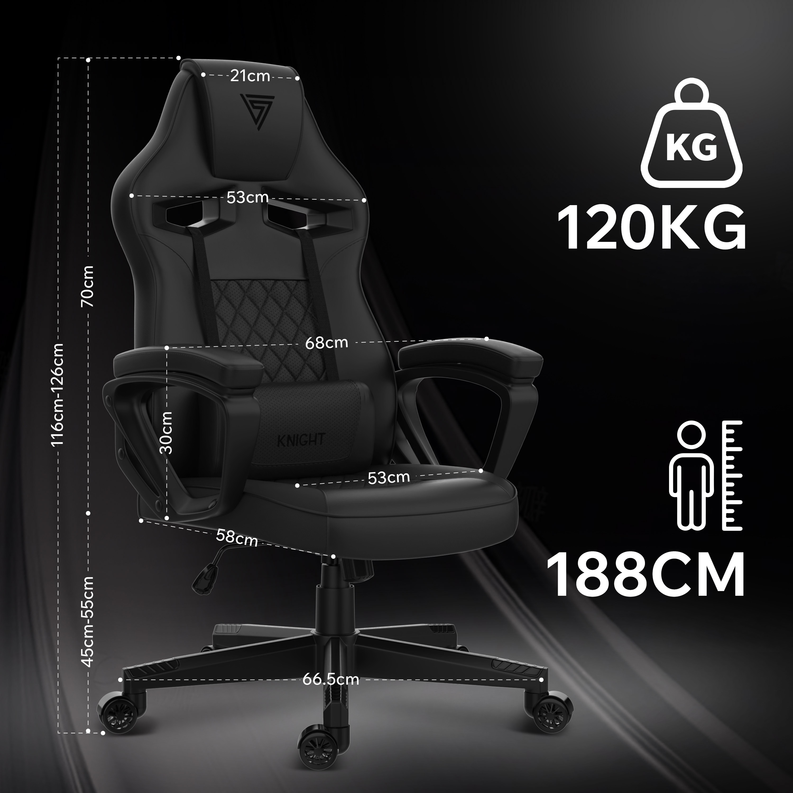 Chaise de jeu noire avec dimensions et poids. Inclut des schémas montrant les mesures de hauteur et de largeur.